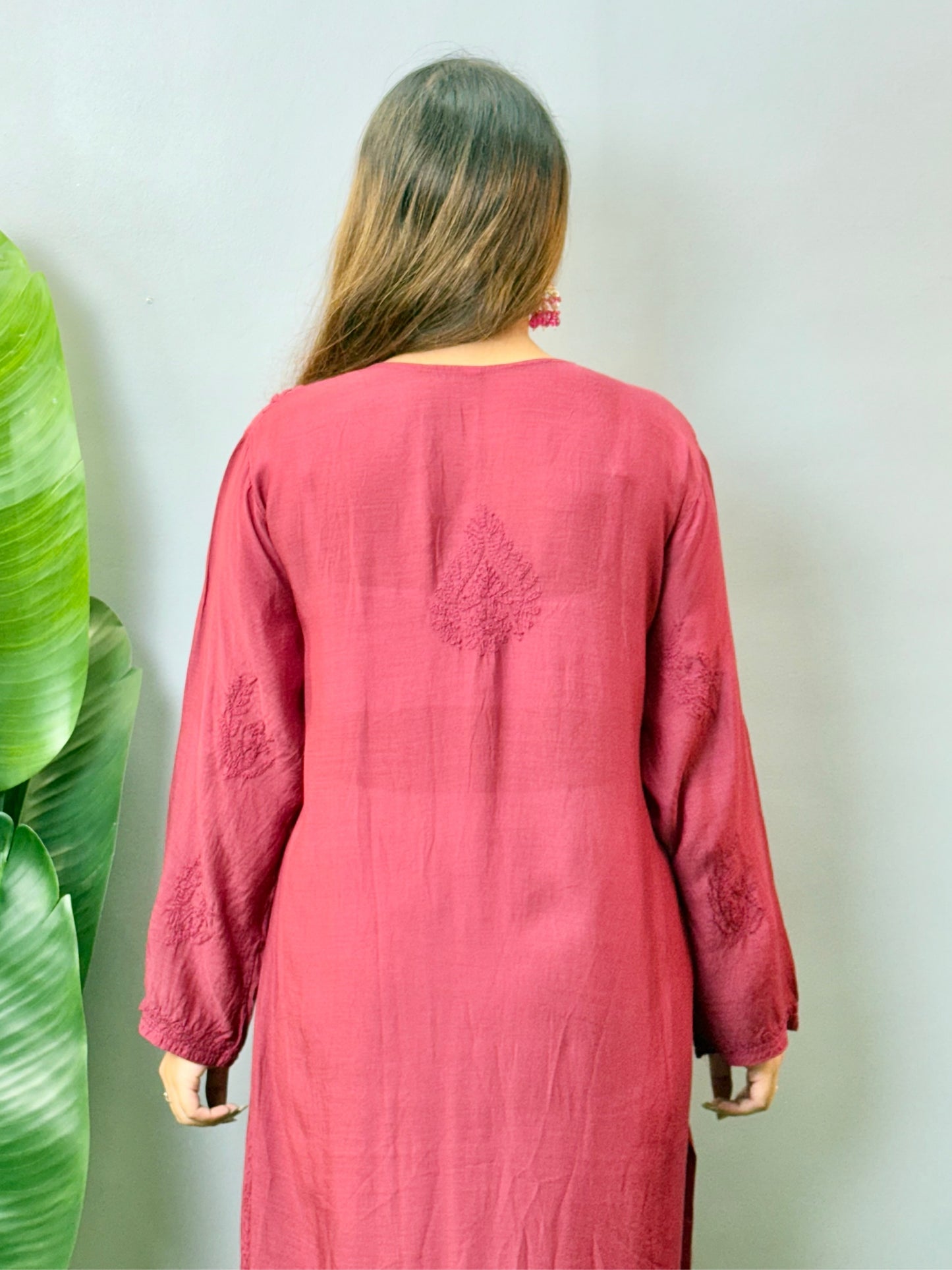 Maroon muslin Lucknow Chikankari kurta with hand embroidery, soft and comfortable wear