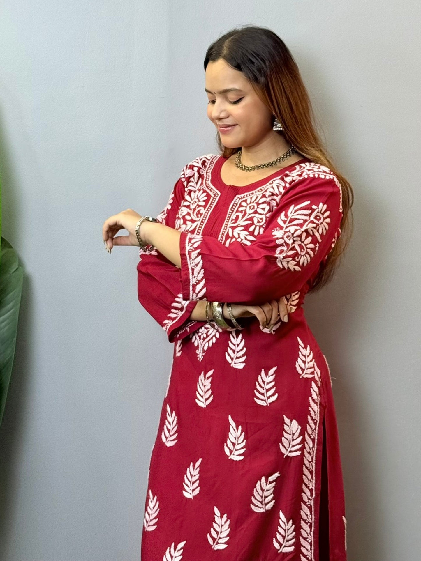 Maroon rayon Chikankari kurta pant set with hand embroidery – summer-ready ethnic outfit