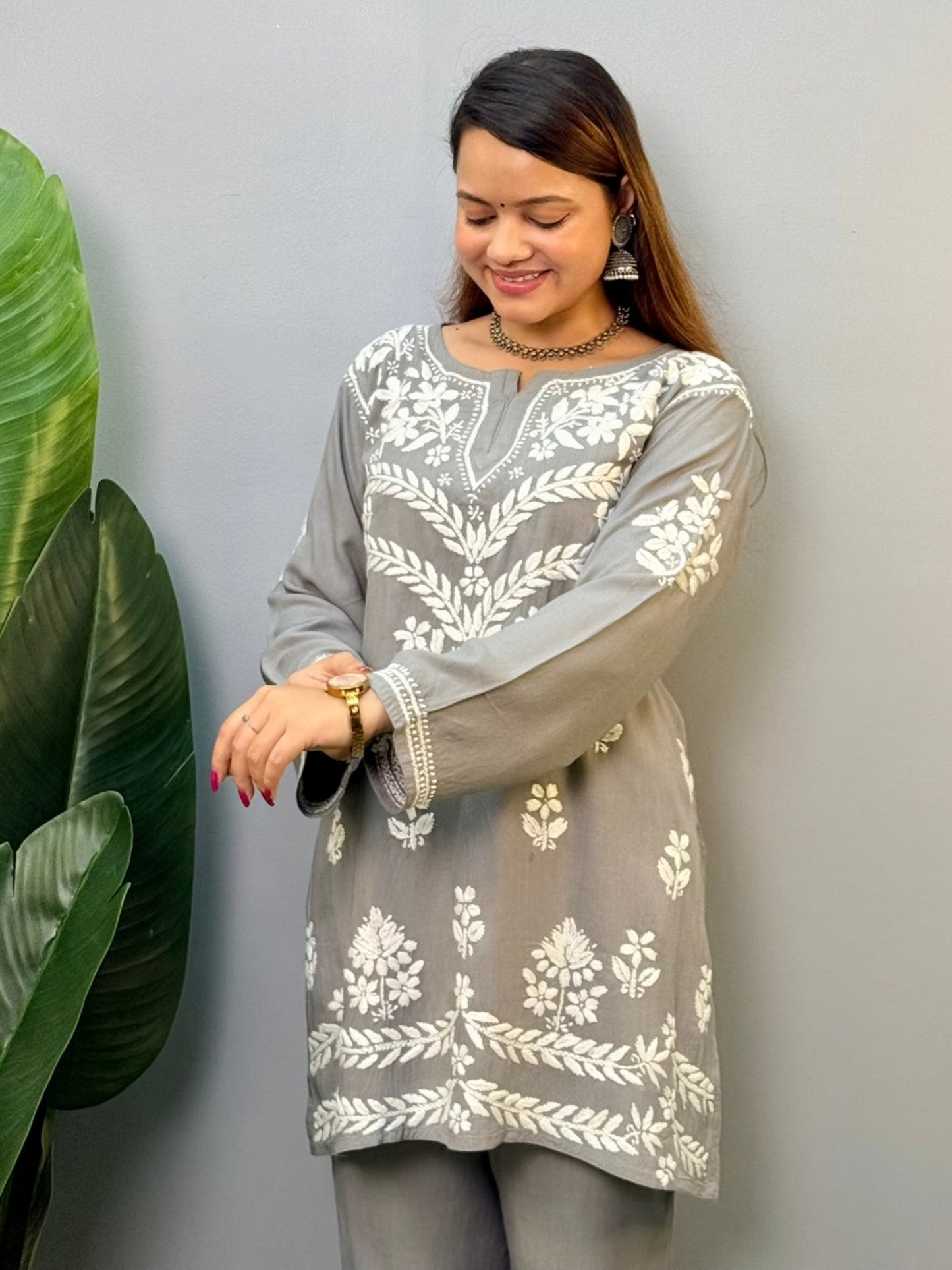 Grey rayon short chikankari kurta and pant set with white hand embroidery