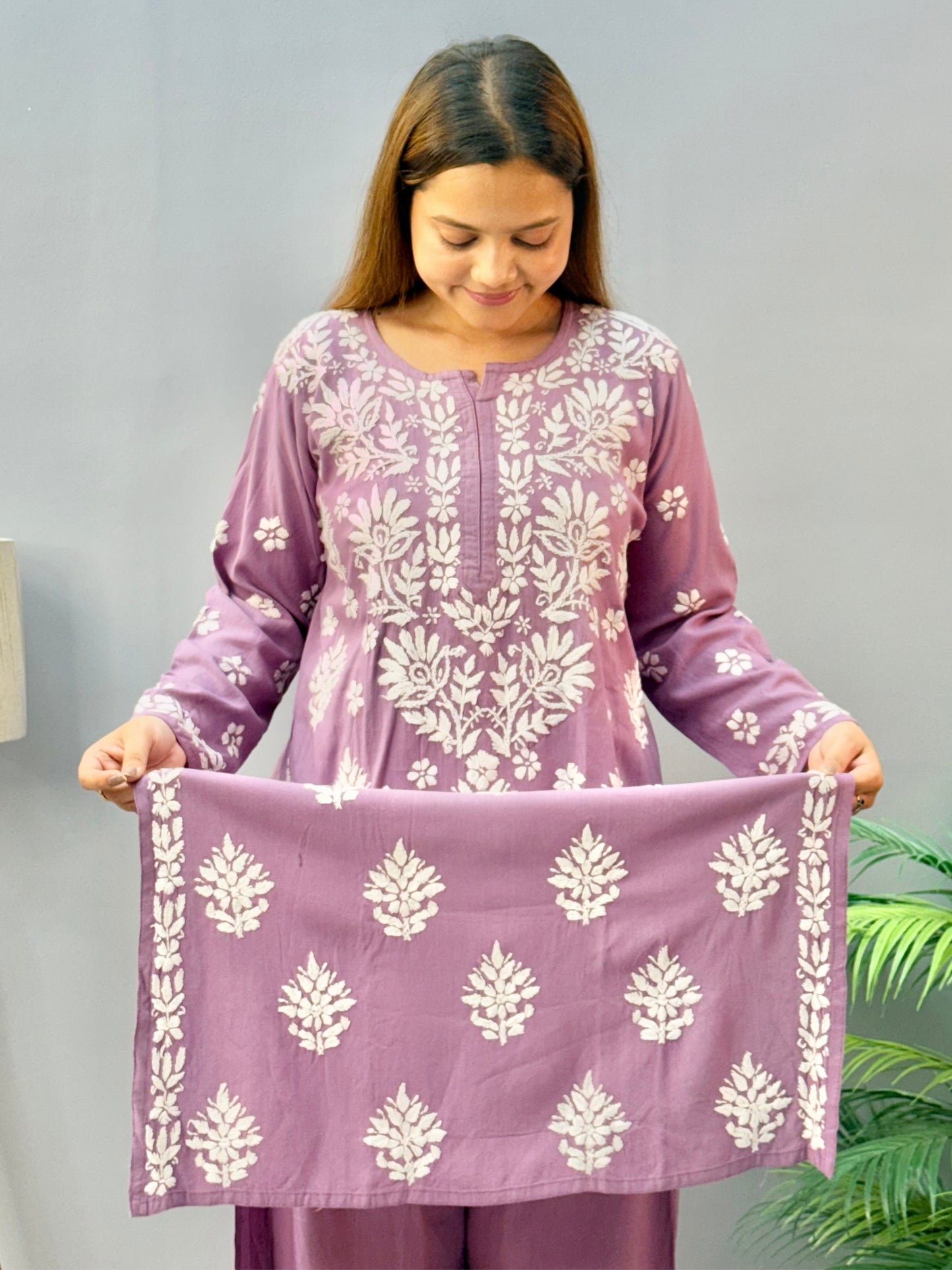Mauve lavender rayon Lucknow Chikankari kurta and palazzo set with white embroidery