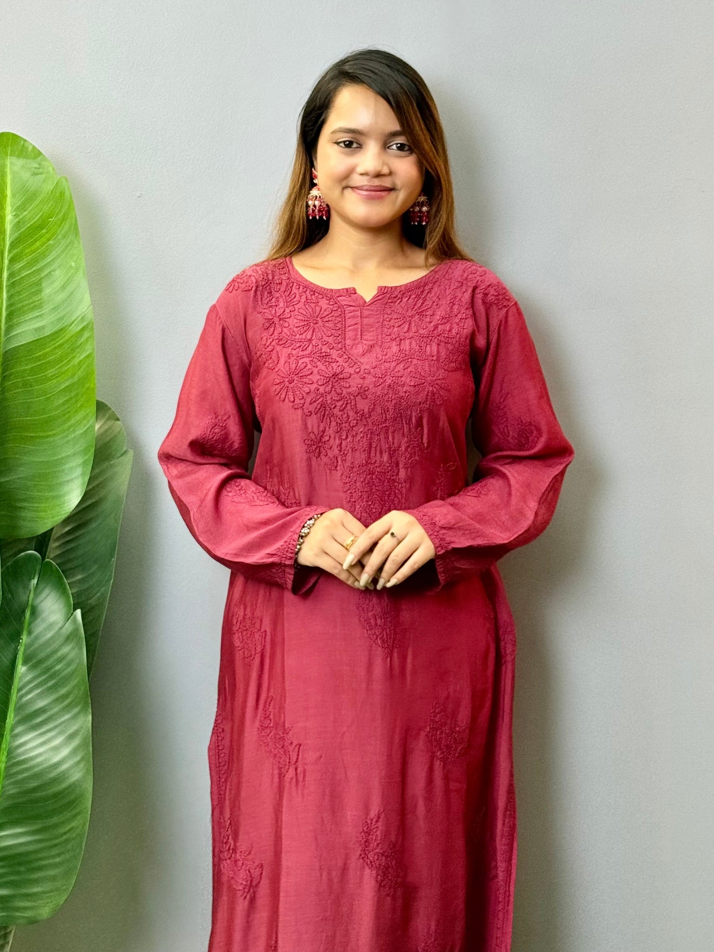 Maroon muslin Lucknow Chikankari kurta with hand embroidery, soft and comfortable wear