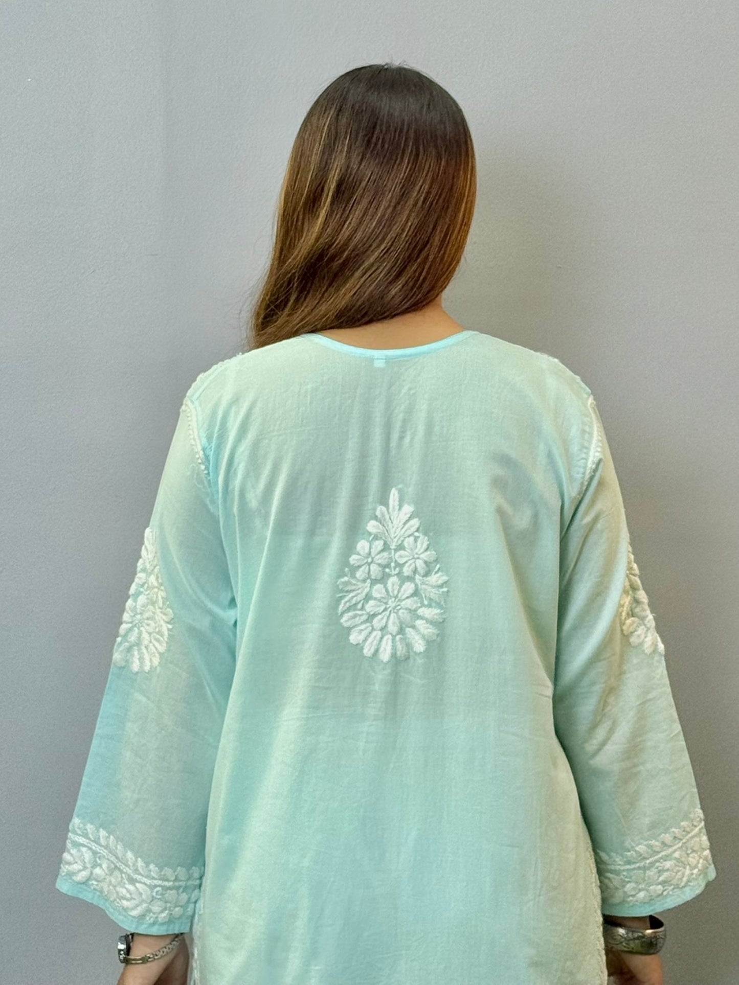 Powder blue cotton Lucknowi Chikankari kurta with delicate white hand embroidery, soft and premium quality