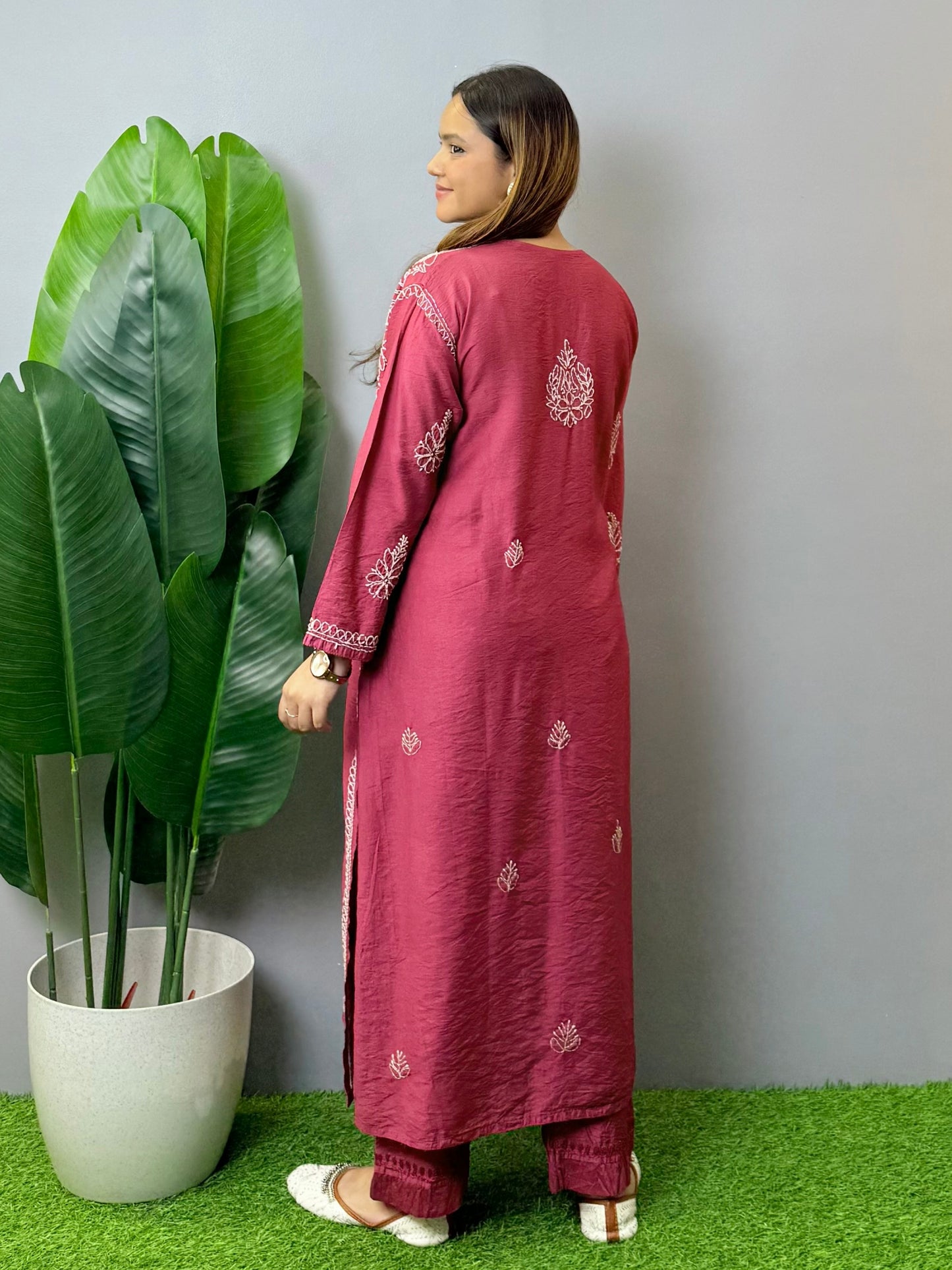 Lucknow Chikankari wine color Chanderi kurta and pant set with hand embroidery bakhiya work