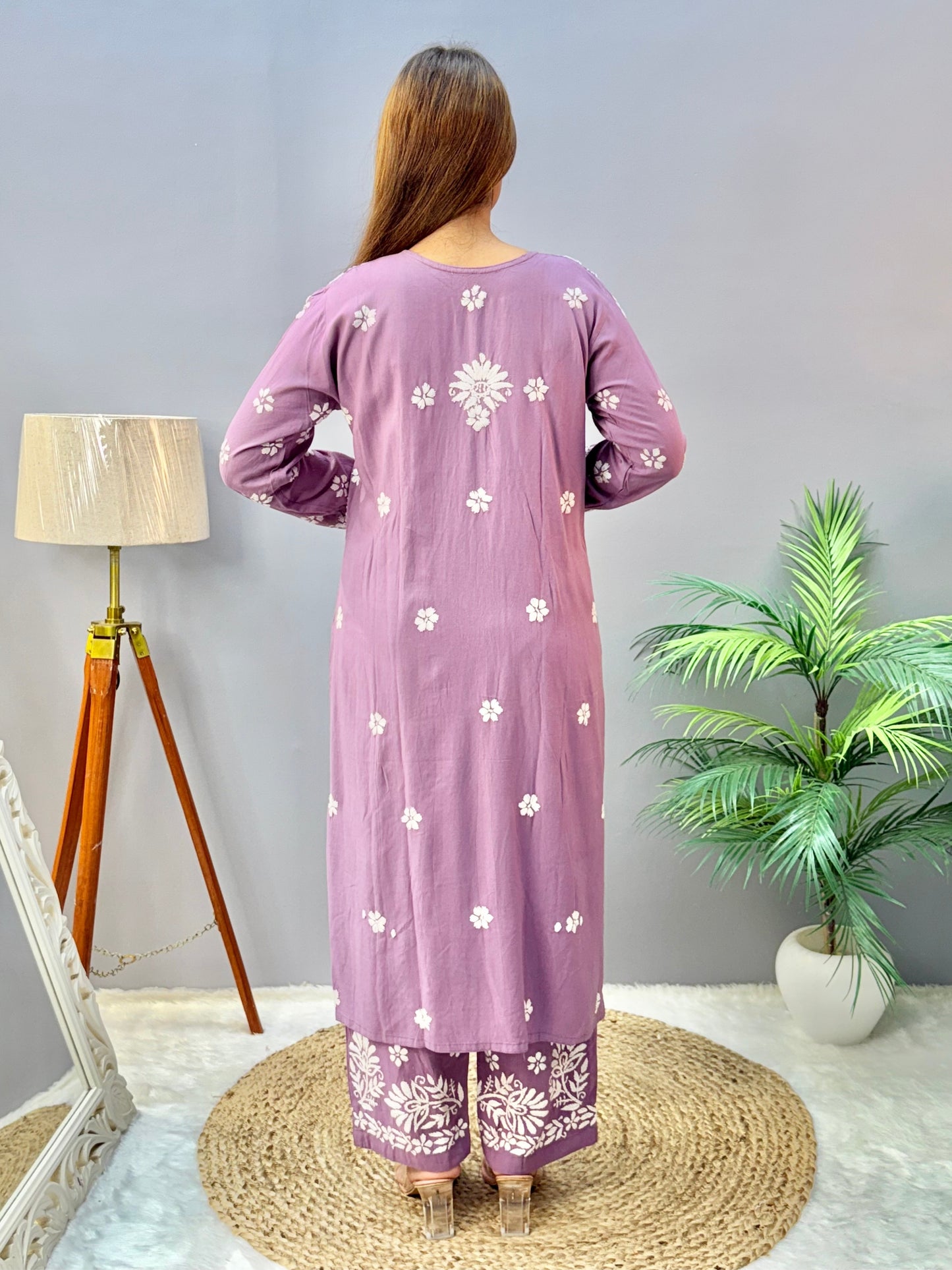 Mauve lavender rayon Lucknow Chikankari kurta and palazzo set with white embroidery