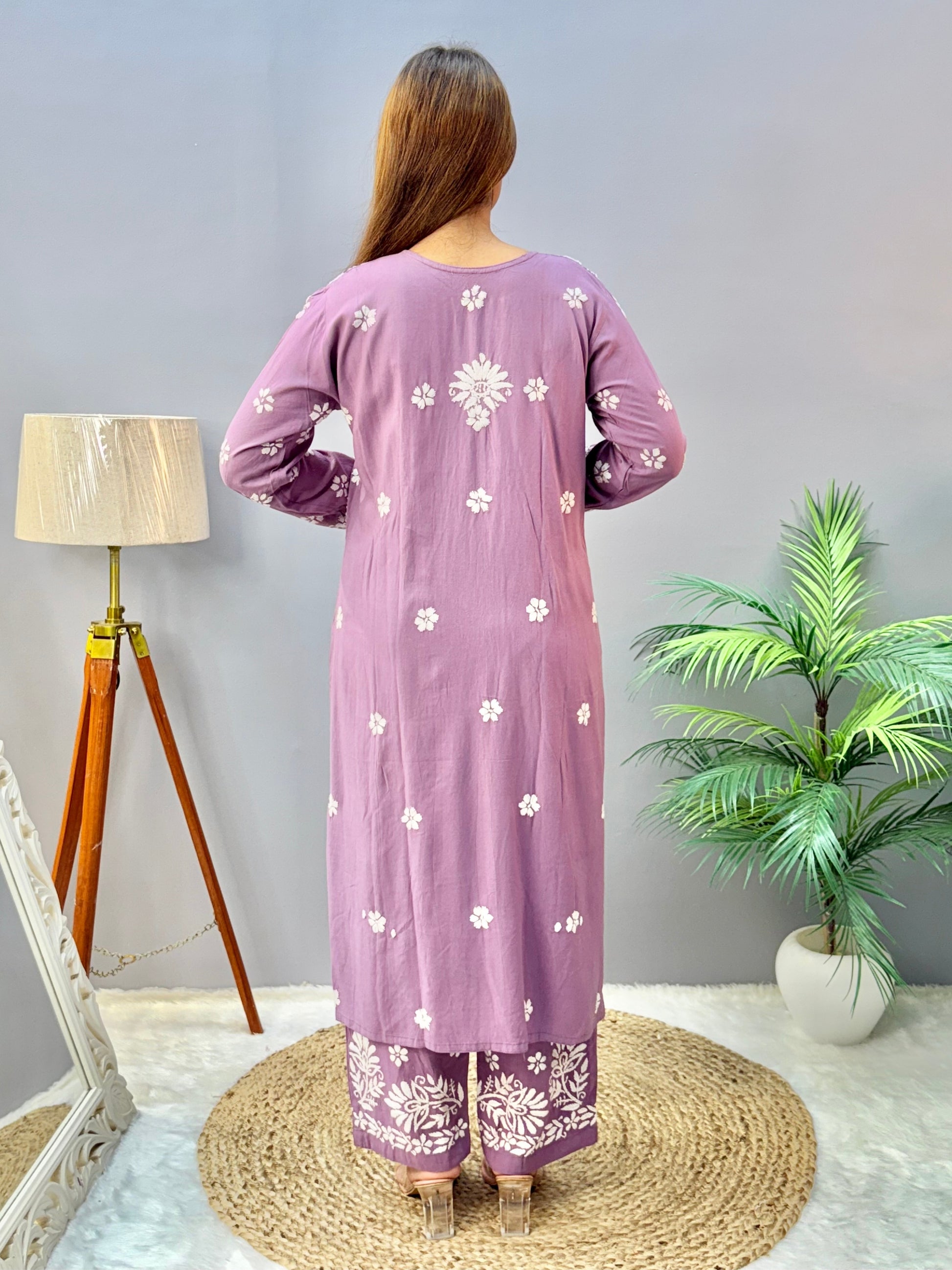 Mauve lavender rayon Lucknow Chikankari kurta and palazzo set with white embroidery