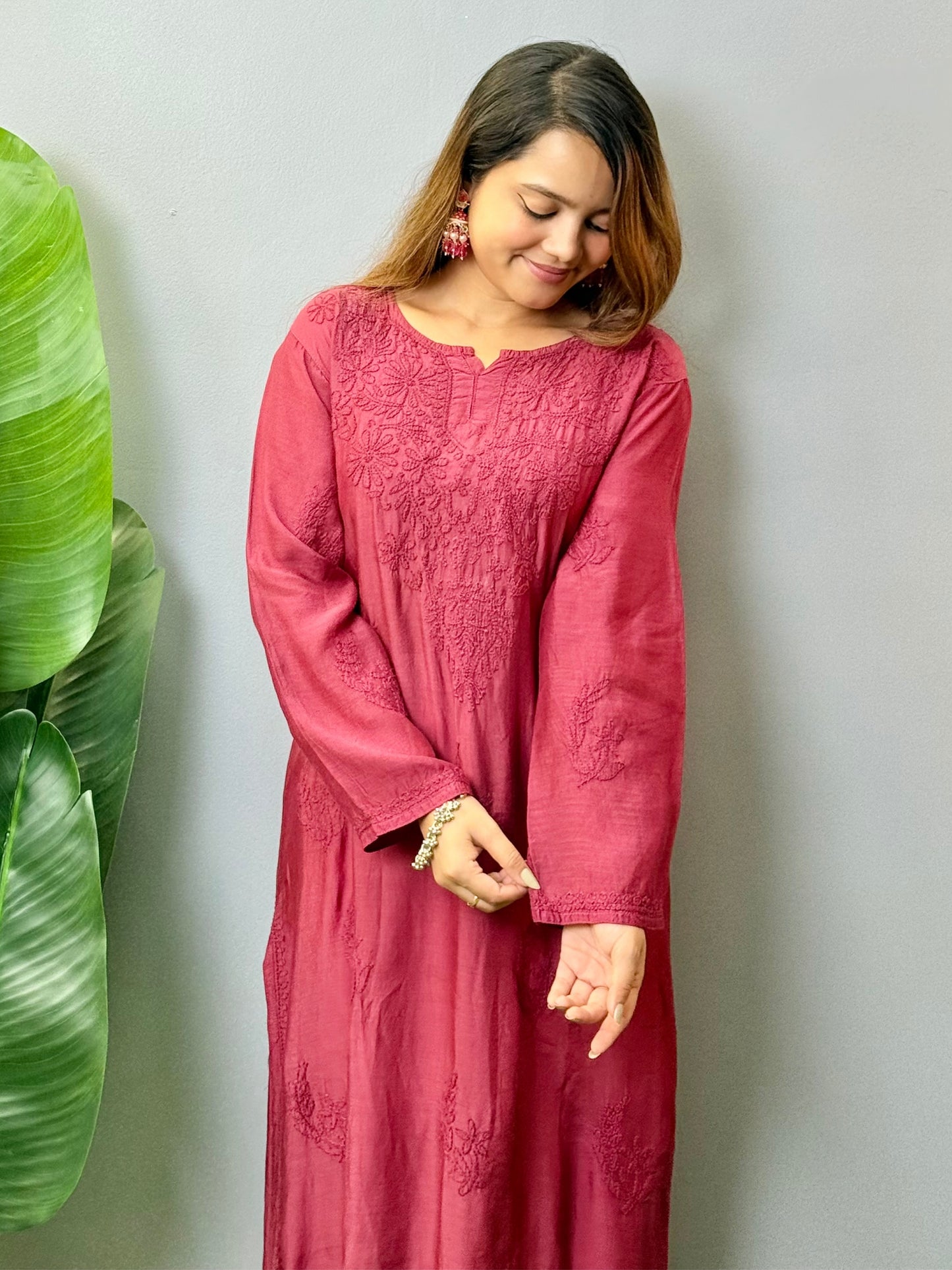 Maroon muslin Lucknow Chikankari kurta with hand embroidery, soft and comfortable wear