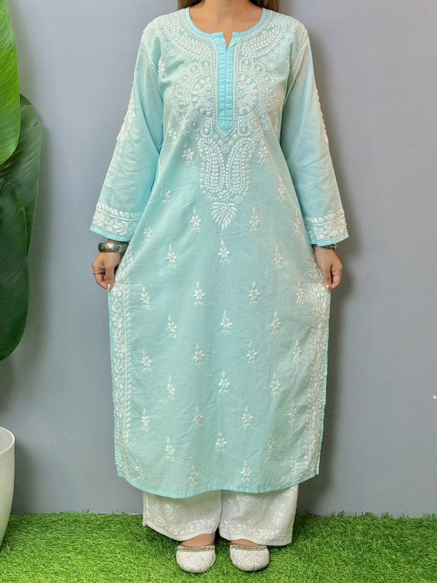 Powder blue cotton Lucknowi Chikankari kurta with delicate white hand embroidery, soft and premium quality