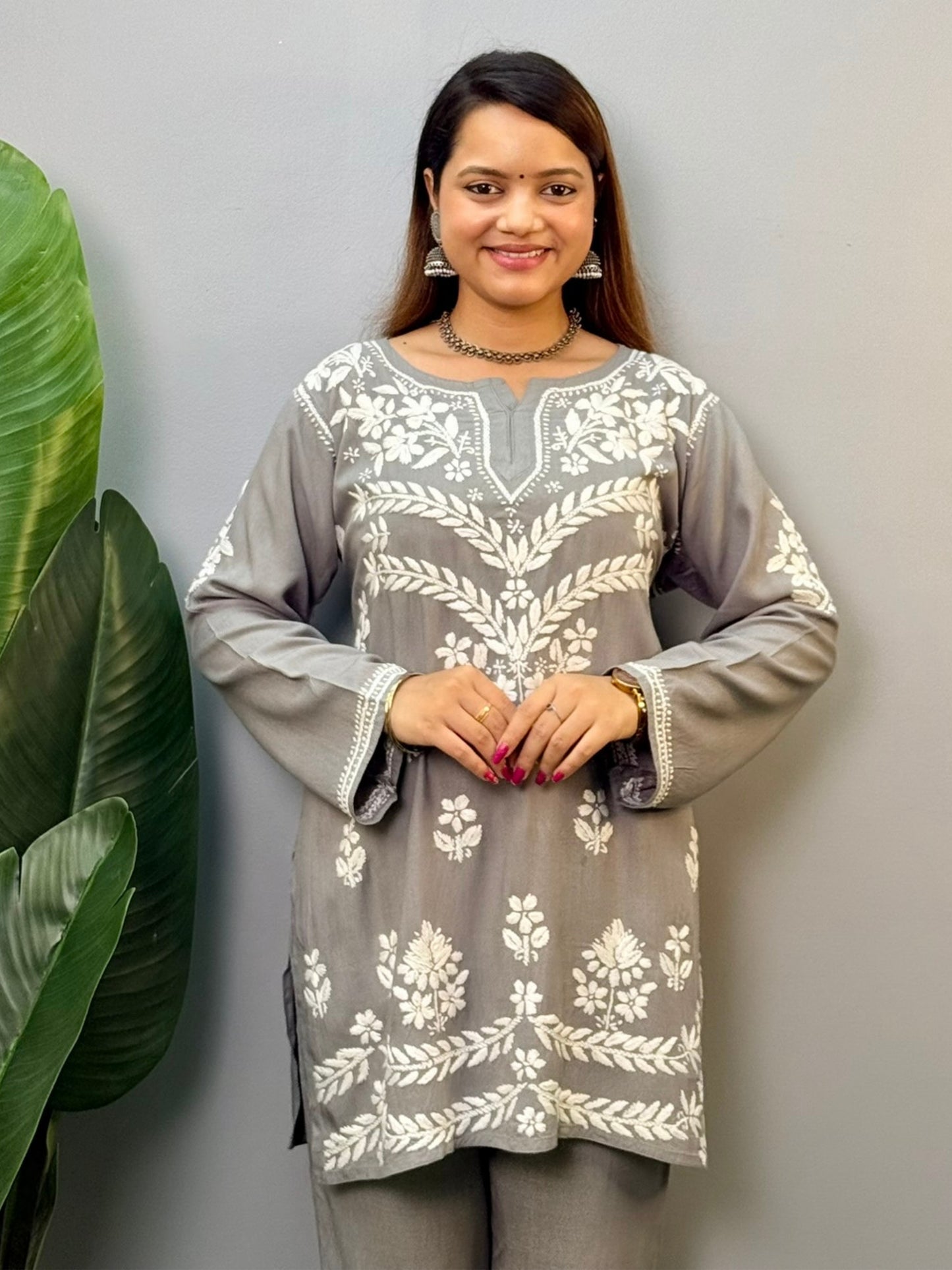 Grey rayon short chikankari kurta and pant set with white hand embroidery