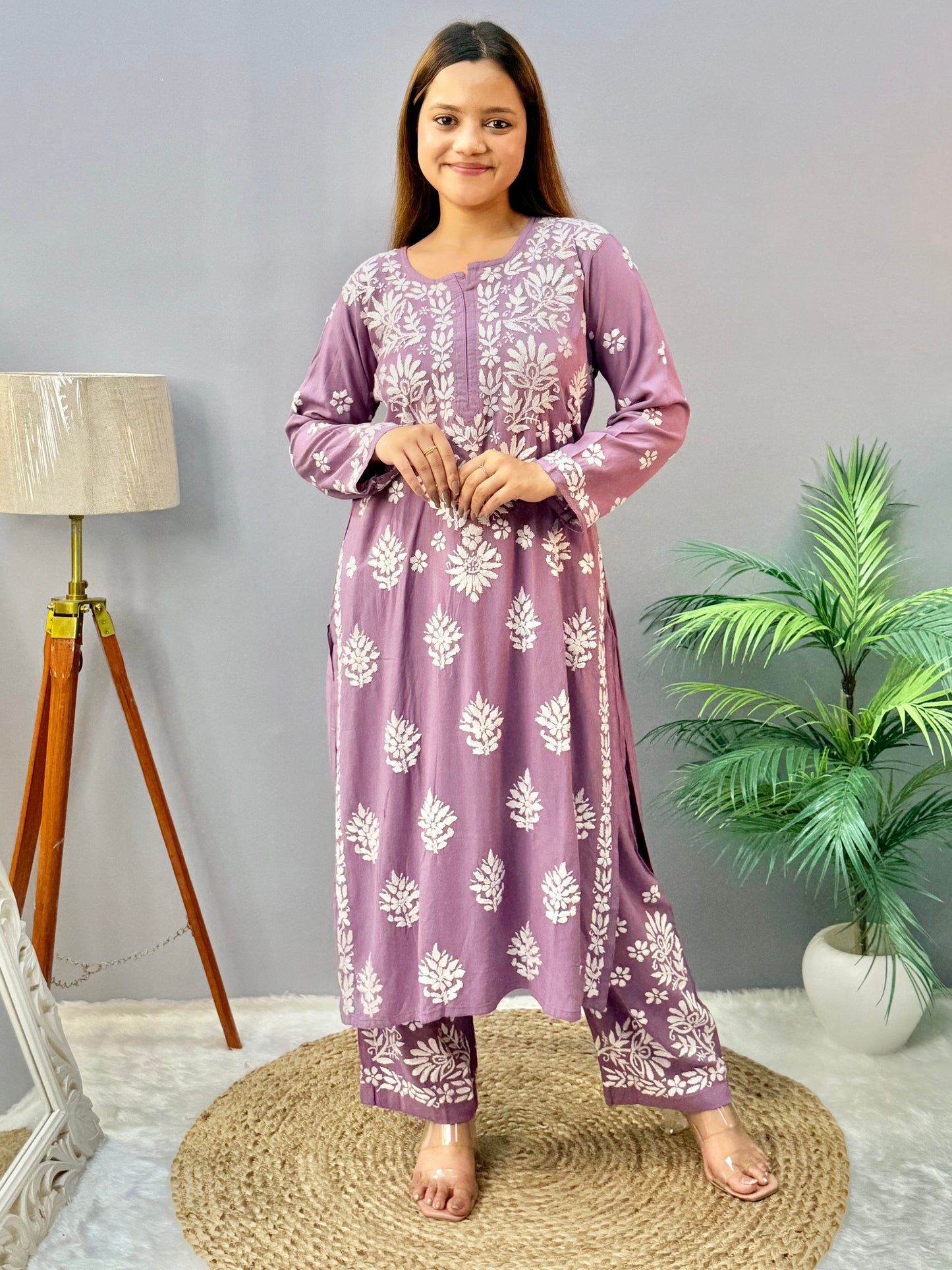 Mauve lavender rayon Lucknow Chikankari kurta and palazzo set with white embroidery