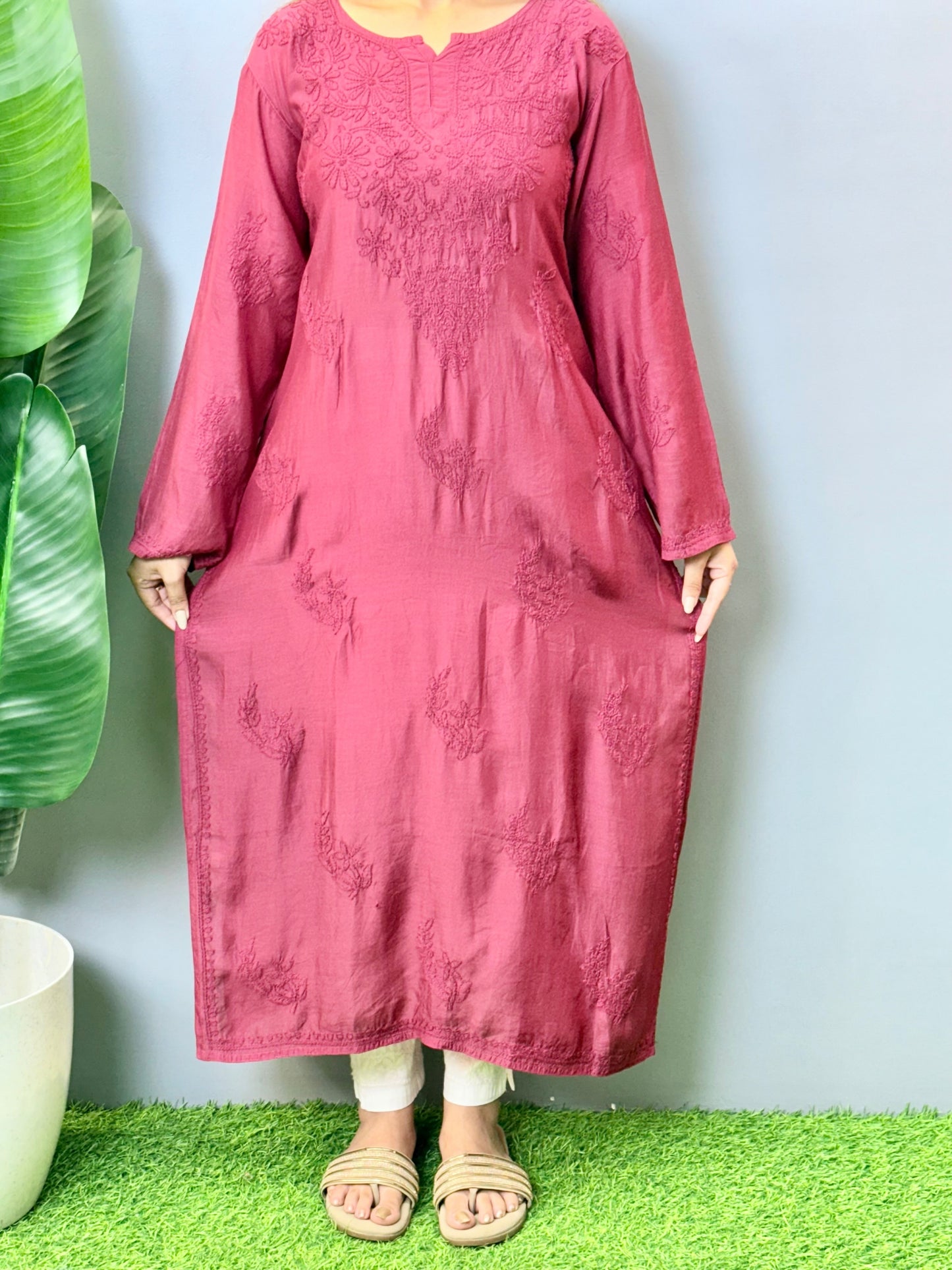 Maroon muslin Lucknow Chikankari kurta with hand embroidery, soft and comfortable wear