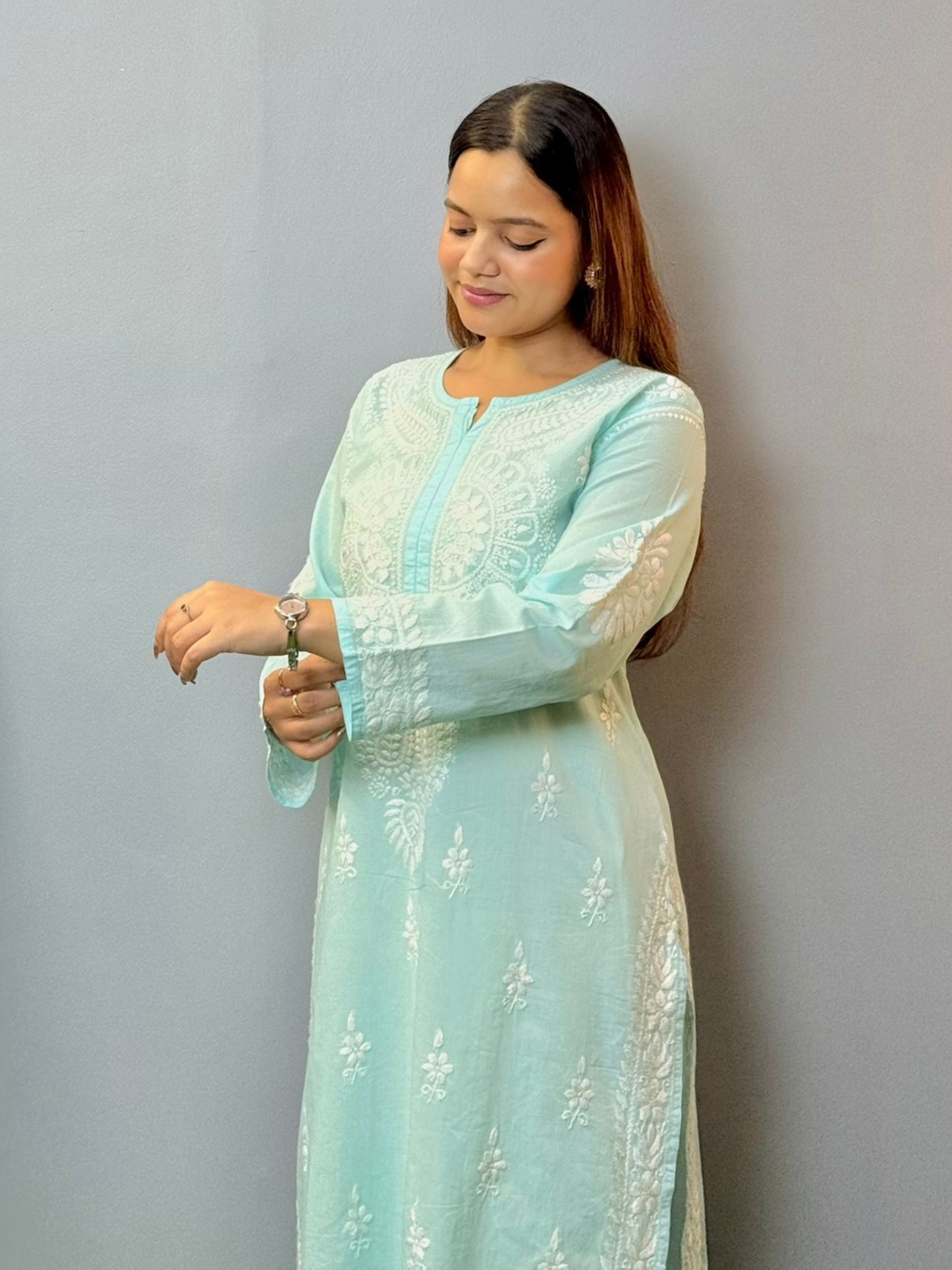 Powder blue cotton Lucknowi Chikankari kurta with delicate white hand embroidery, soft and premium quality