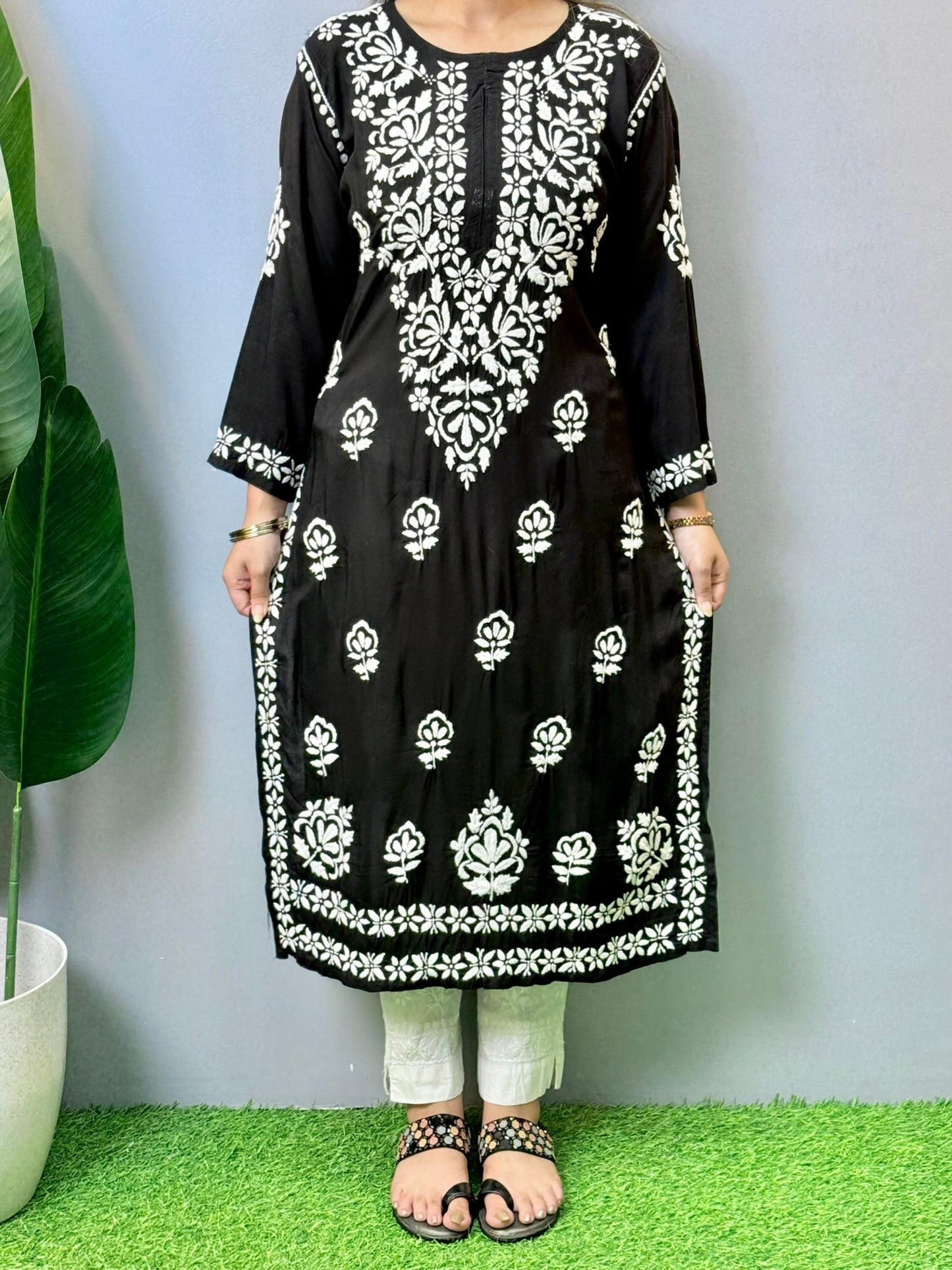 Black modal Chikankari kurta with white hand embroidery – soft, elegant ethnic wear for women