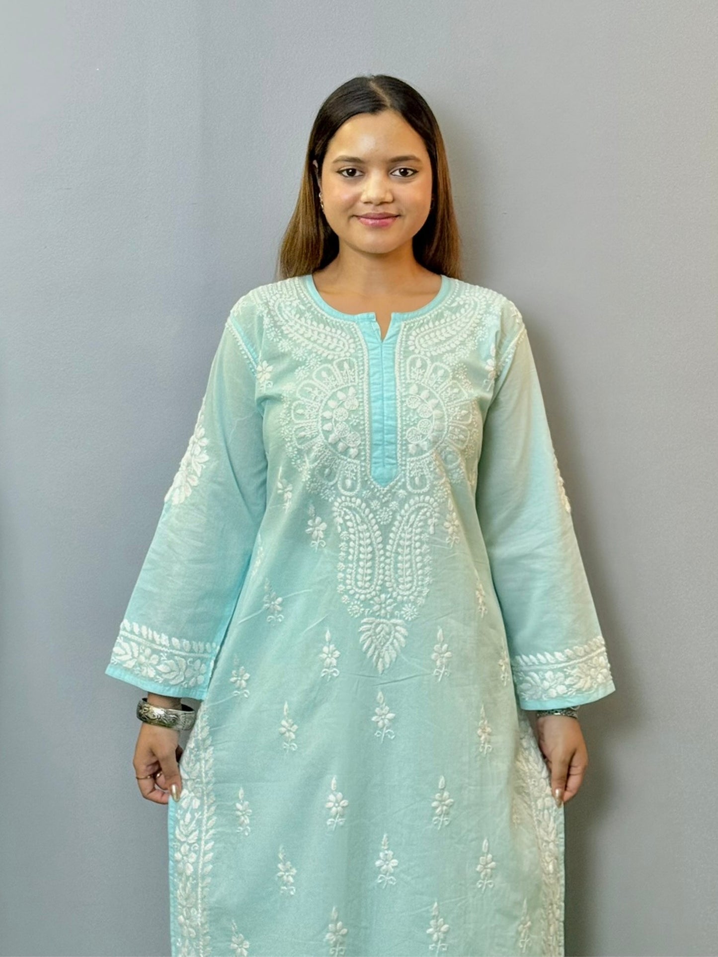 Powder blue cotton Lucknowi Chikankari kurta with delicate white hand embroidery, soft and premium quality