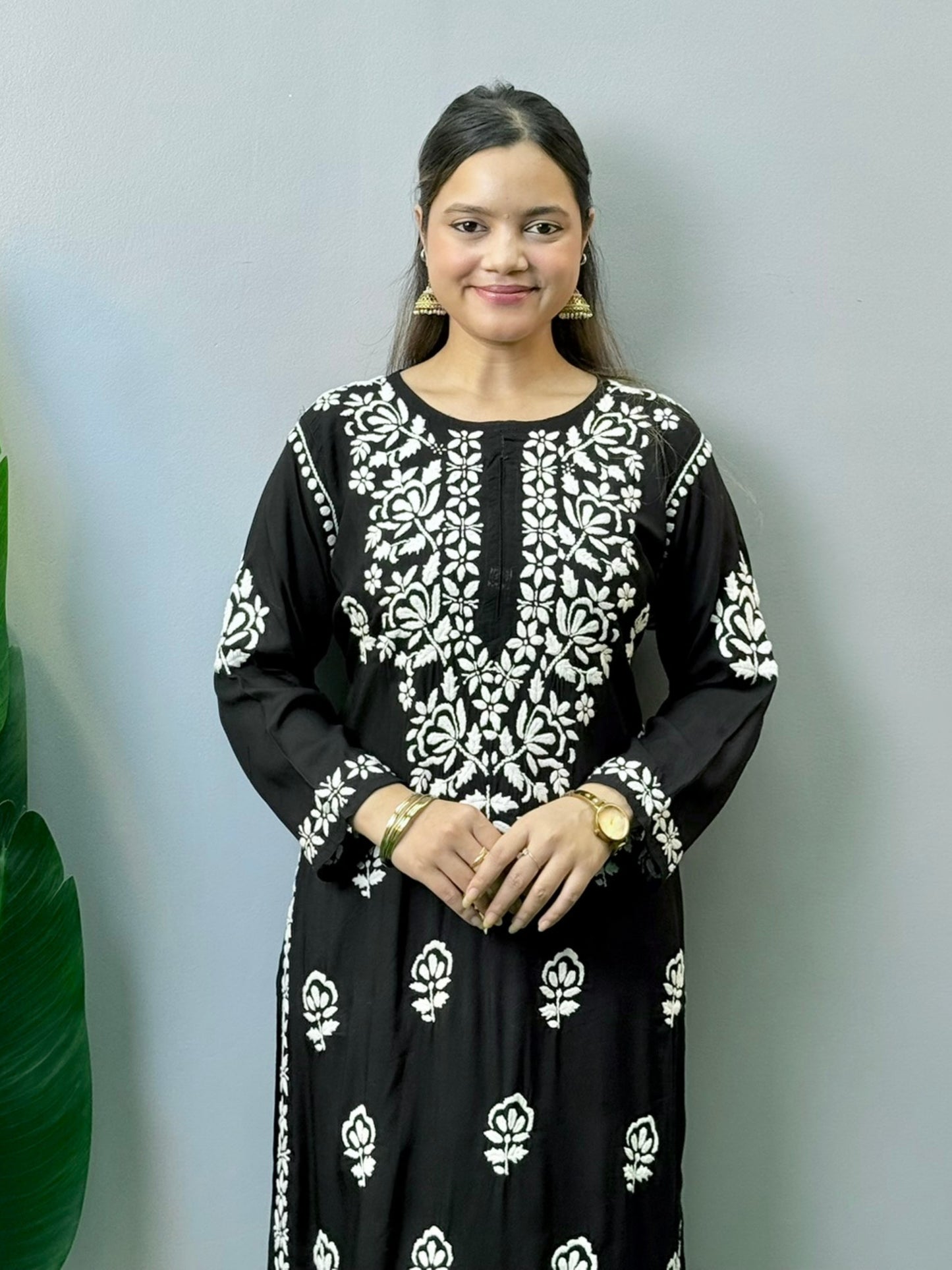 Black modal Chikankari kurta with white hand embroidery – soft, elegant ethnic wear for women