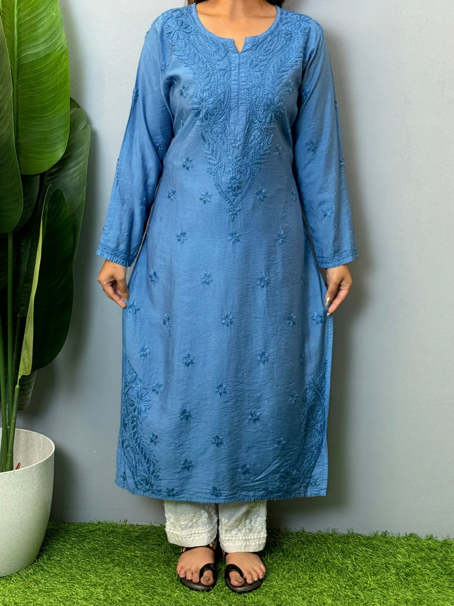 Dusty blue chanderi chikankari kurta with tone-on-tone hand embroidery