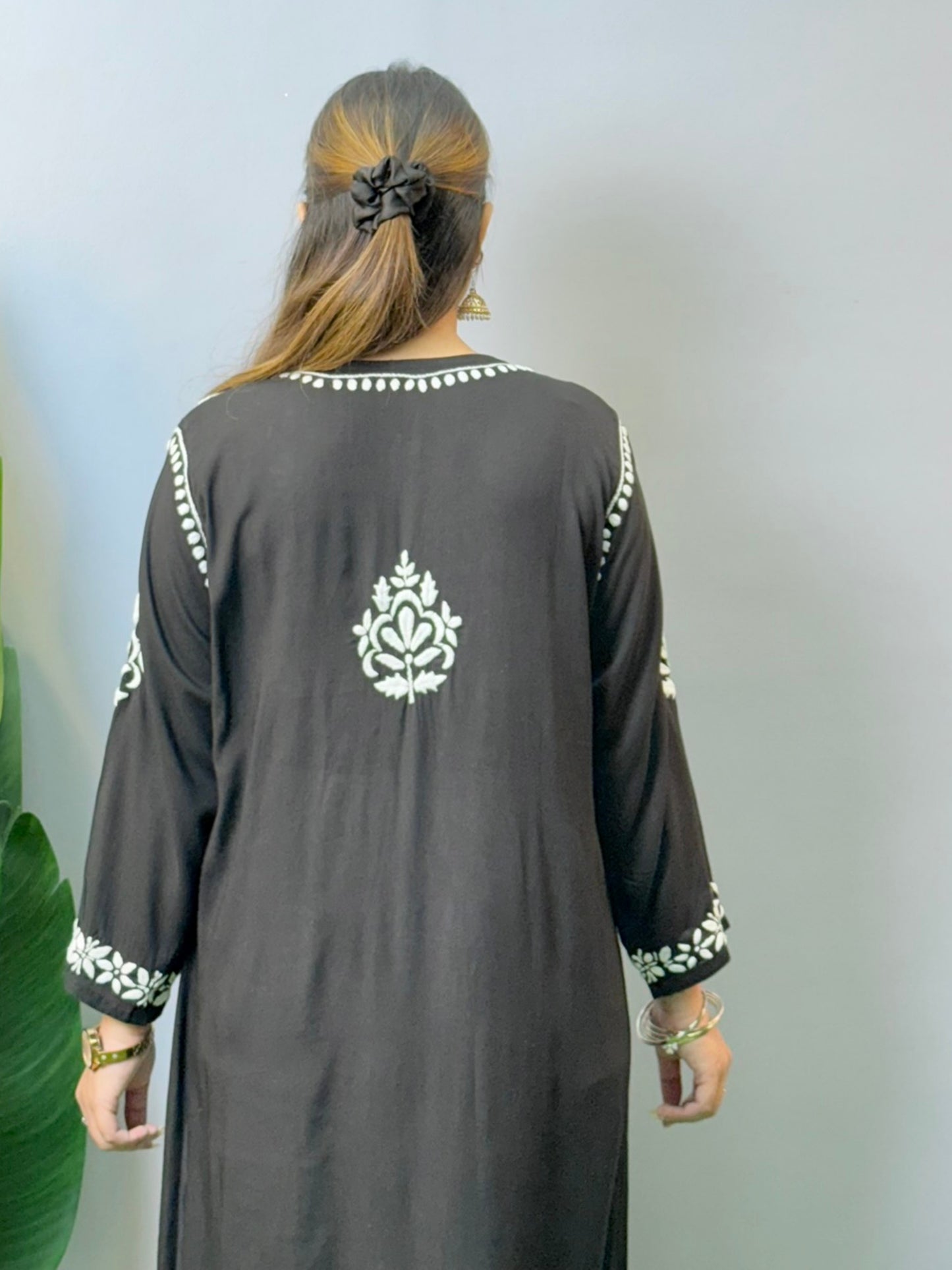 Black modal Chikankari kurta with white hand embroidery – soft, elegant ethnic wear for women