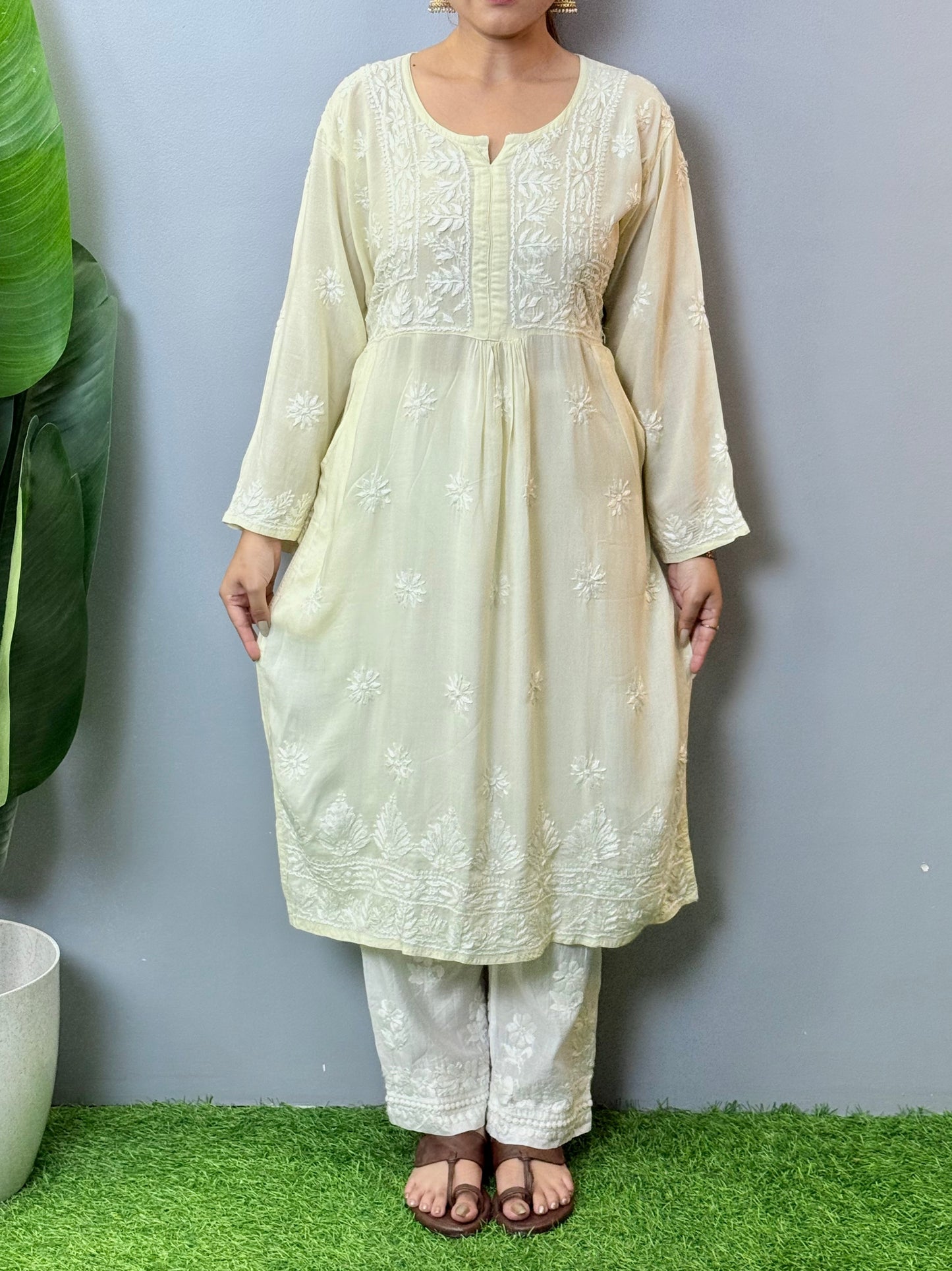 Ivory white modal chikankari kurta with hand embroidery and side pockets