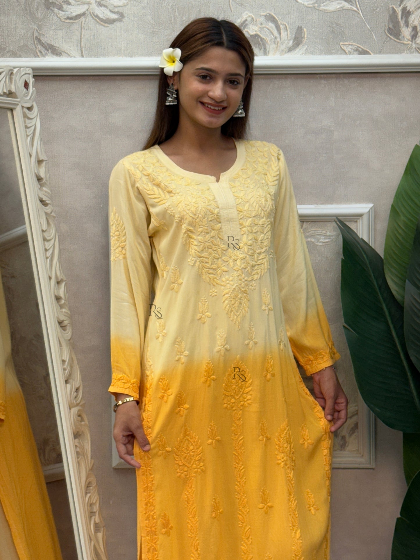 Yellow ombre Lucknow Chikankari kurta and palazzo set in rayon fabric with hand embroidery