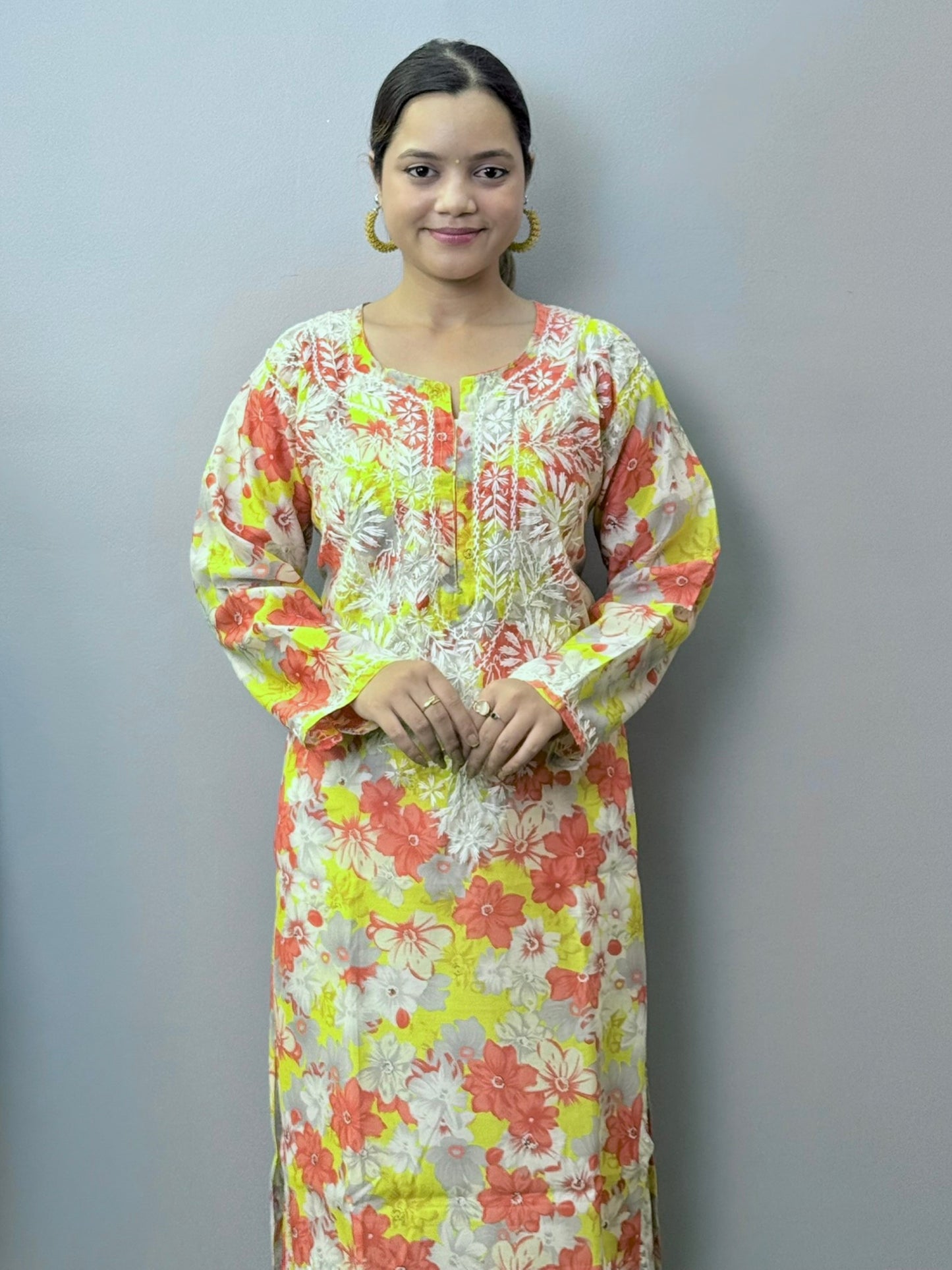 Floral multicolor printed crepe kurta with white hand chikankari embroidery