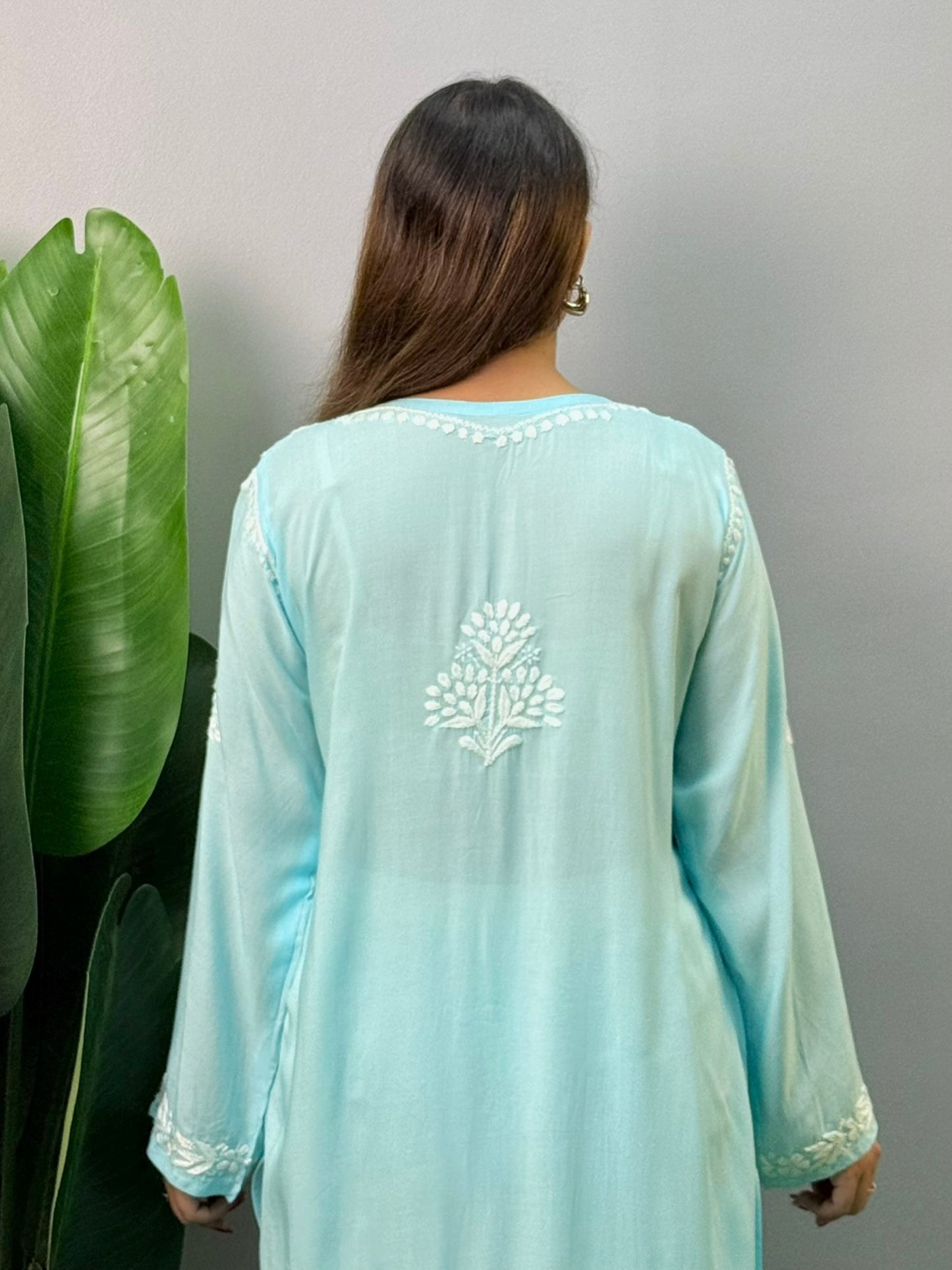 Powder blue modal Chikankari kurta with white hand embroidery – soft, elegant ethnic wear for women