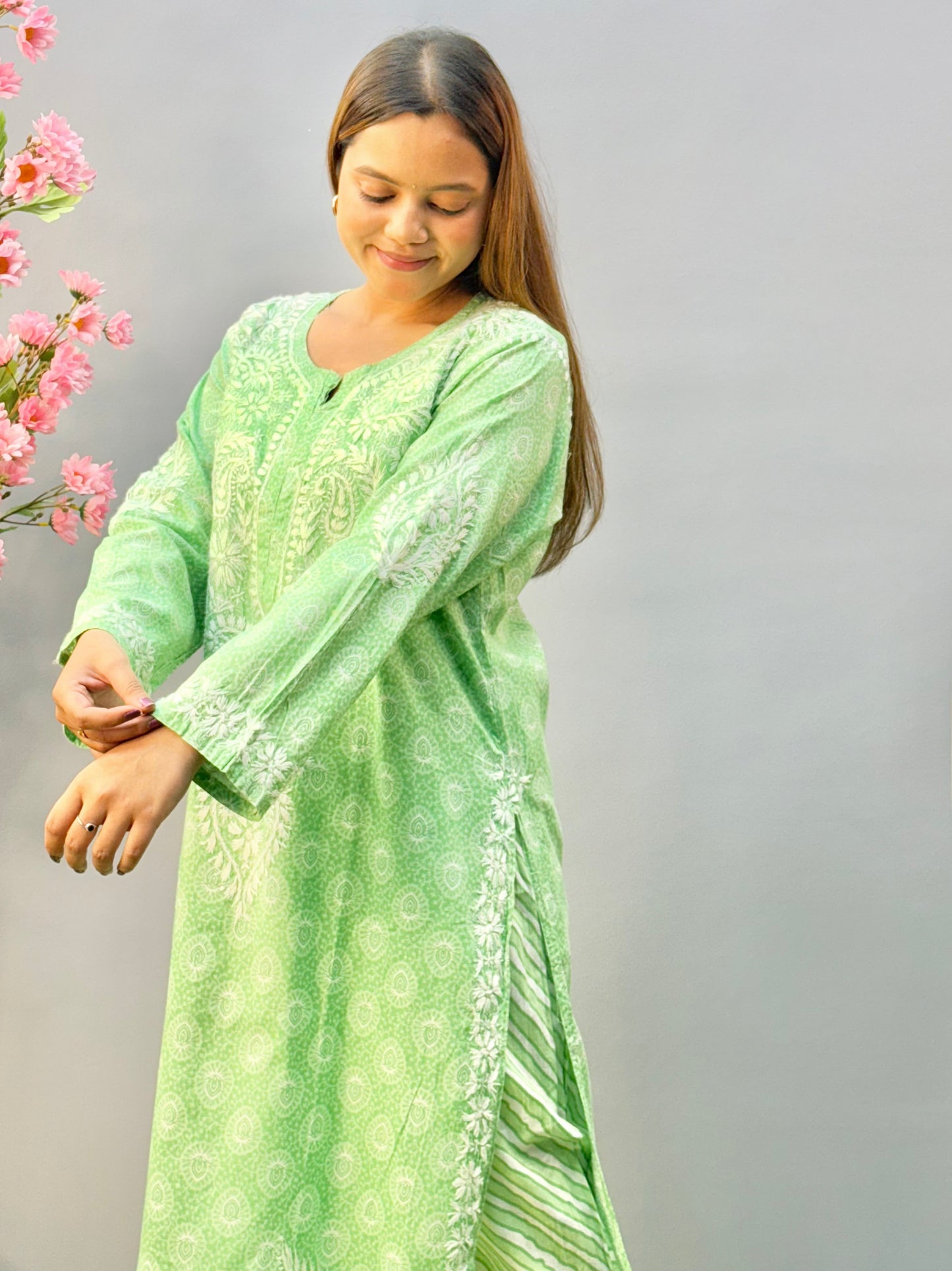 Mint green printed mulmul Lucknow Chikankari kurta and pant set