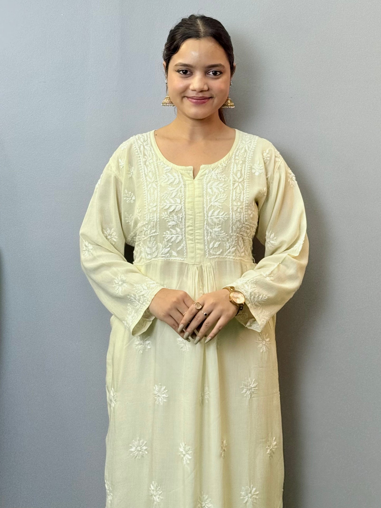 Ivory white modal chikankari kurta with hand embroidery and side pockets