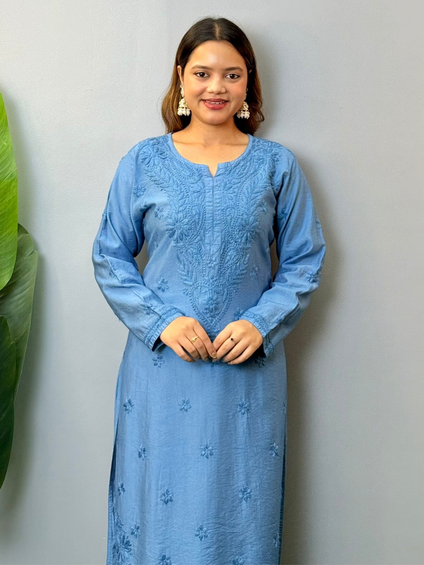 Dusty blue chanderi chikankari kurta with tone-on-tone hand embroidery