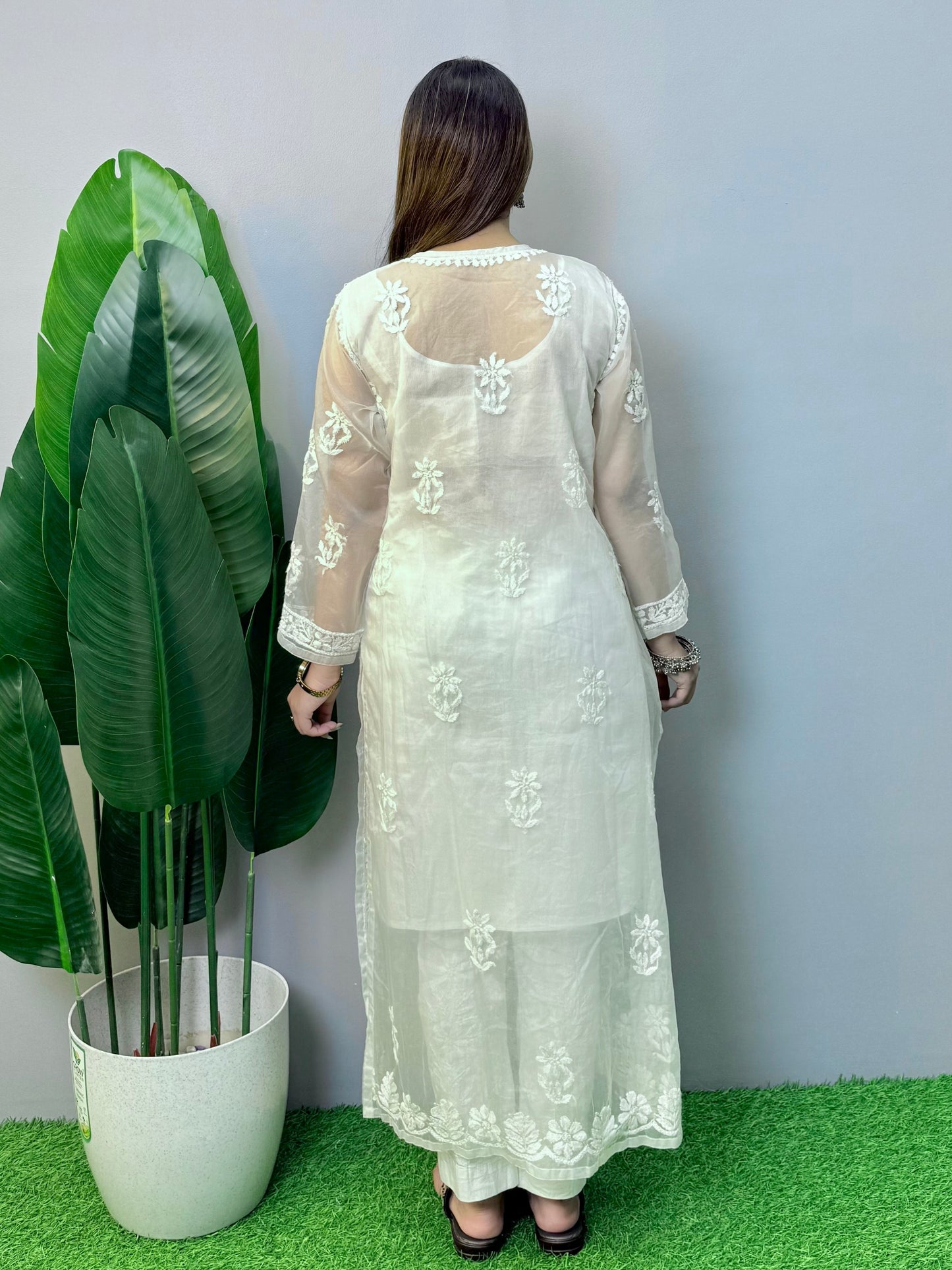 White Lucknow Chikankari organza kurta with hand embroidery