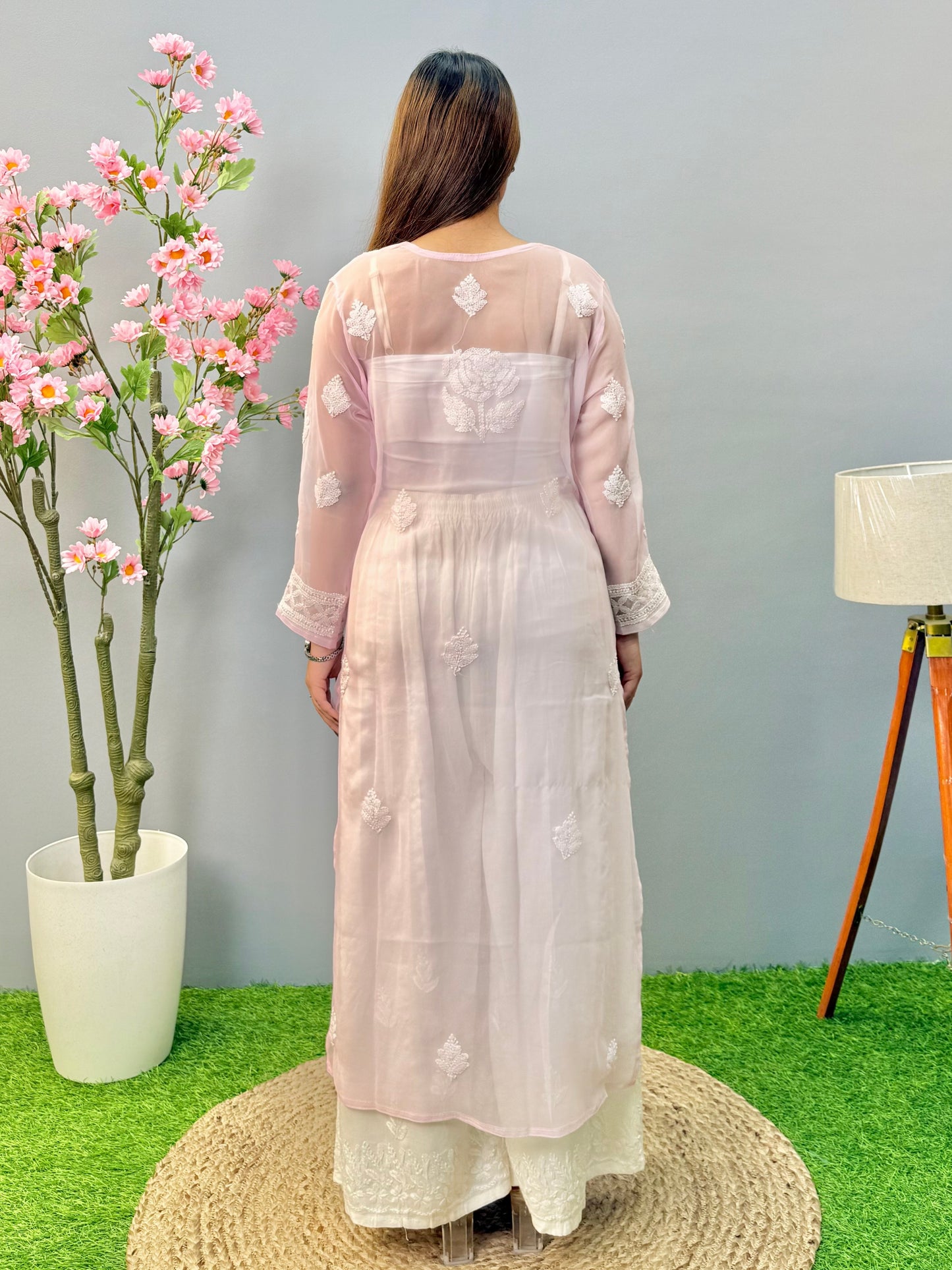 Pastel pink sheer georgette Lucknow Chikankari kurta with floral embroidery