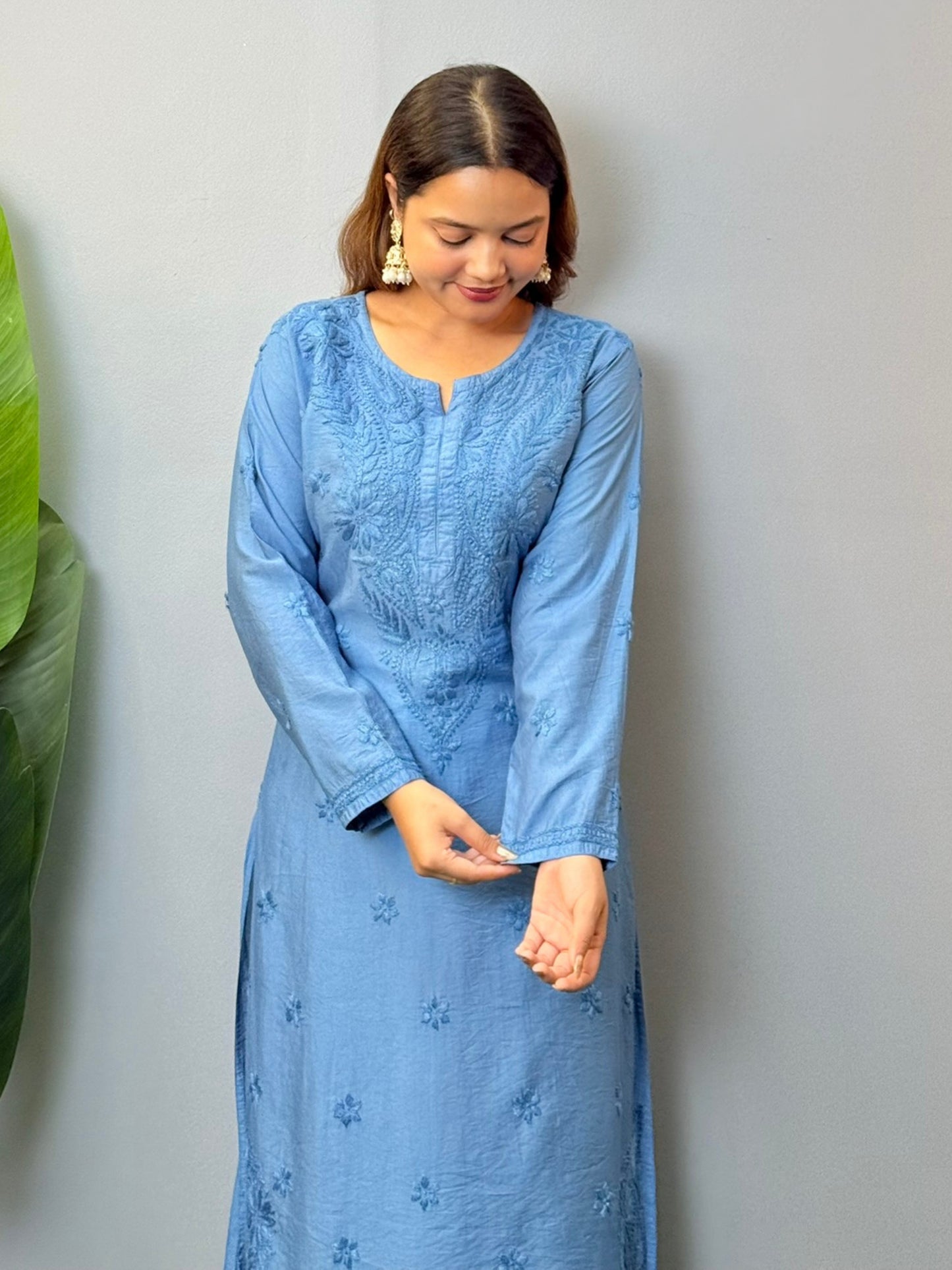 Dusty blue chanderi chikankari kurta with tone-on-tone hand embroidery