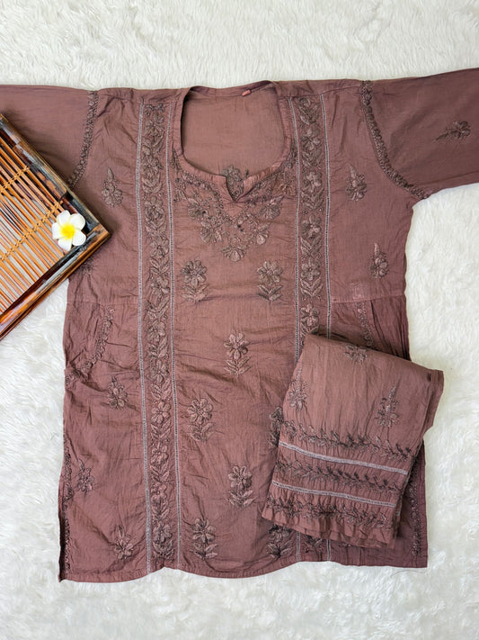 Coffee brown cotton chikankari short kurta and pant set with hand embroidery