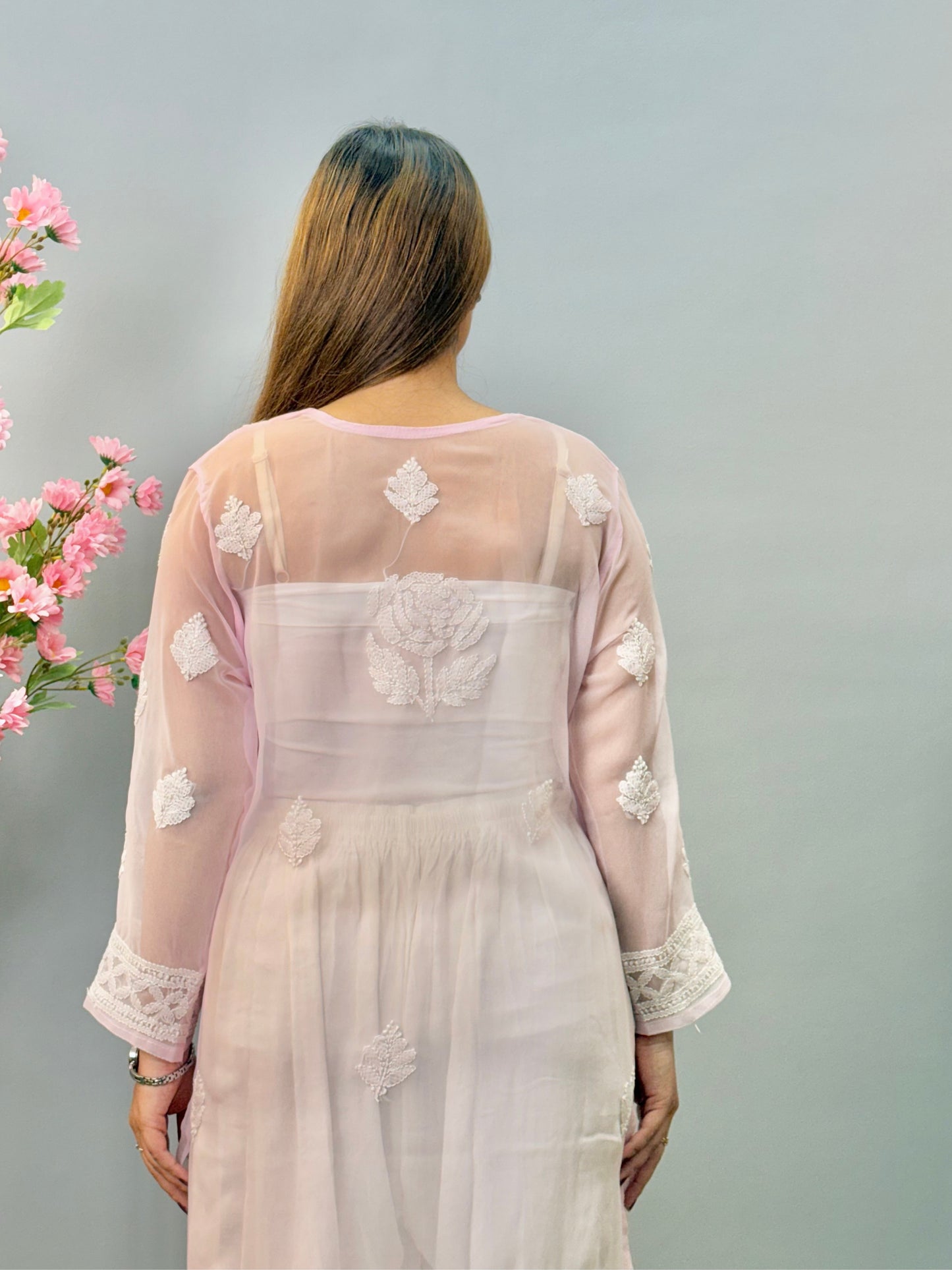 Pastel pink sheer georgette Lucknow Chikankari kurta with floral embroidery