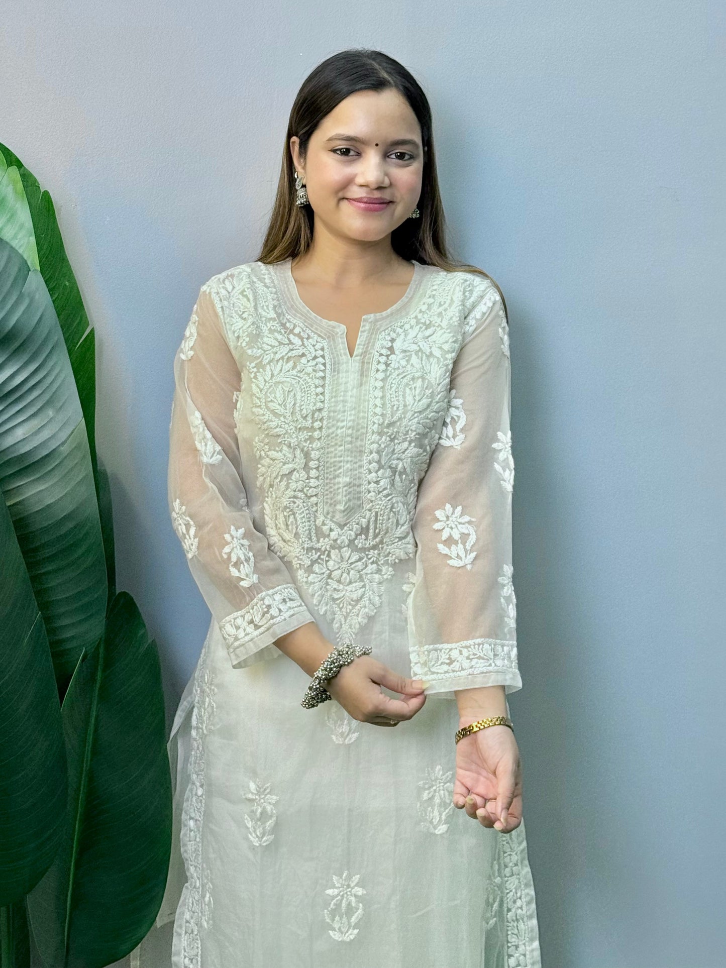 White Lucknow Chikankari organza kurta with hand embroidery