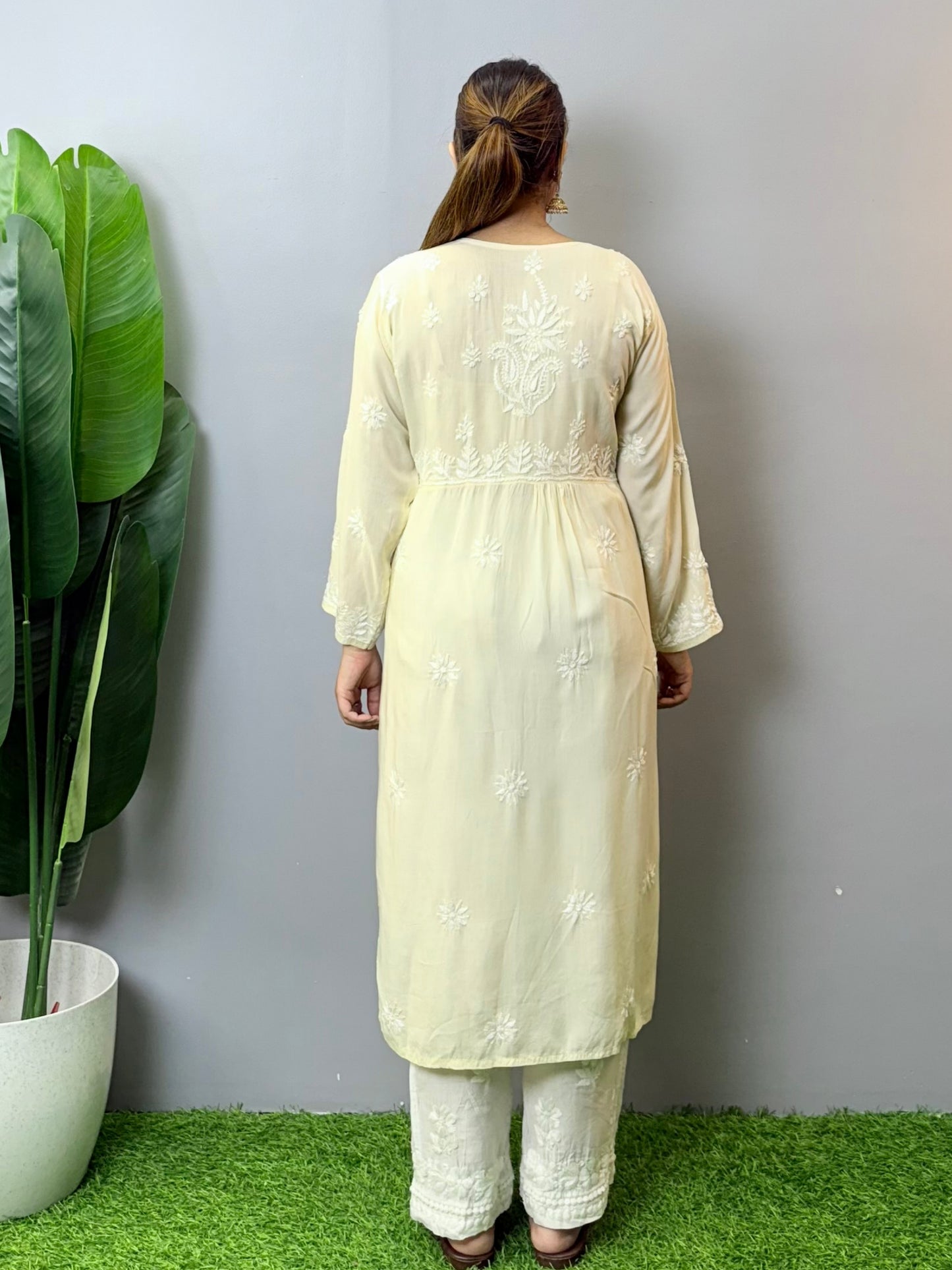 Ivory white modal chikankari kurta with hand embroidery and side pockets