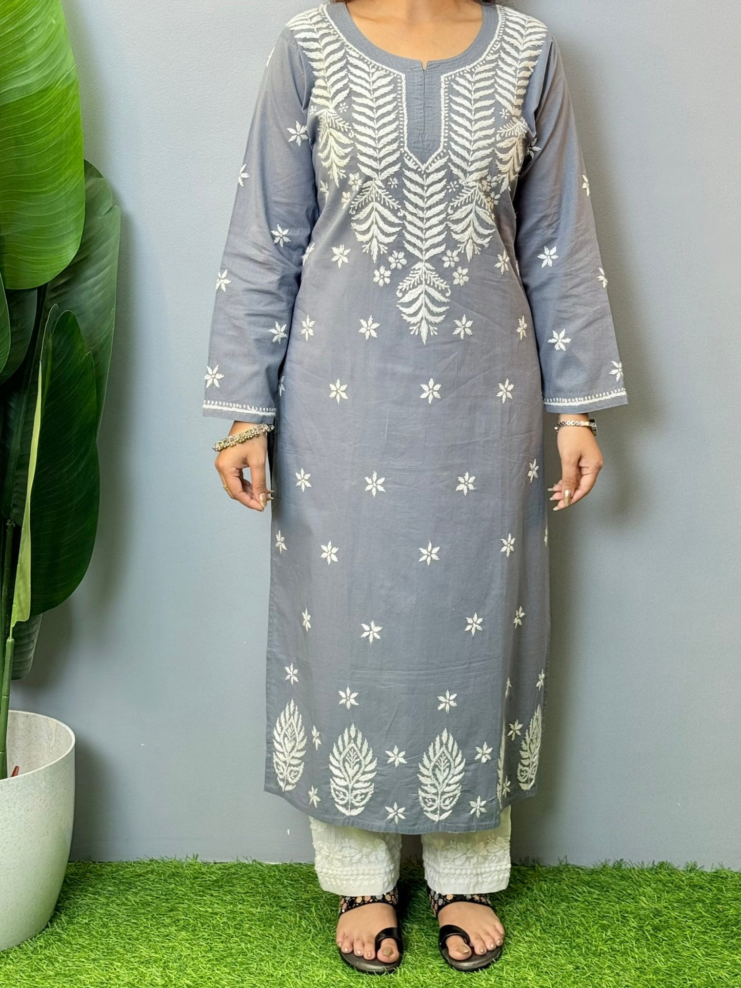 Steel grey cotton chikankari kurta with white hand embroidery