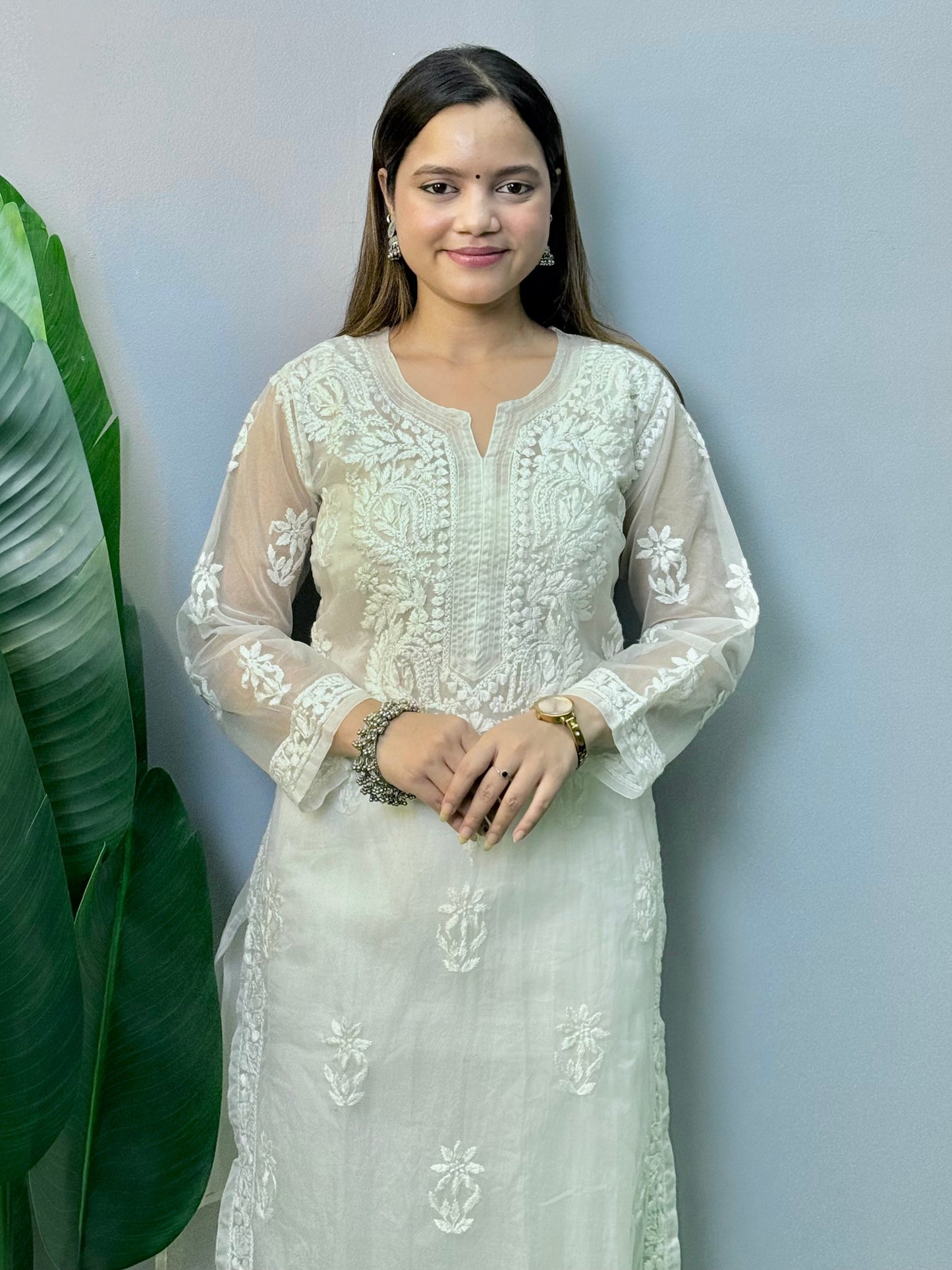 White Lucknow Chikankari organza kurta with hand embroidery