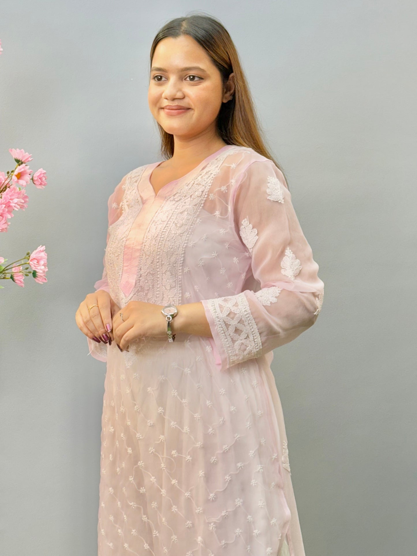 Pastel pink sheer georgette Lucknow Chikankari kurta with floral embroidery