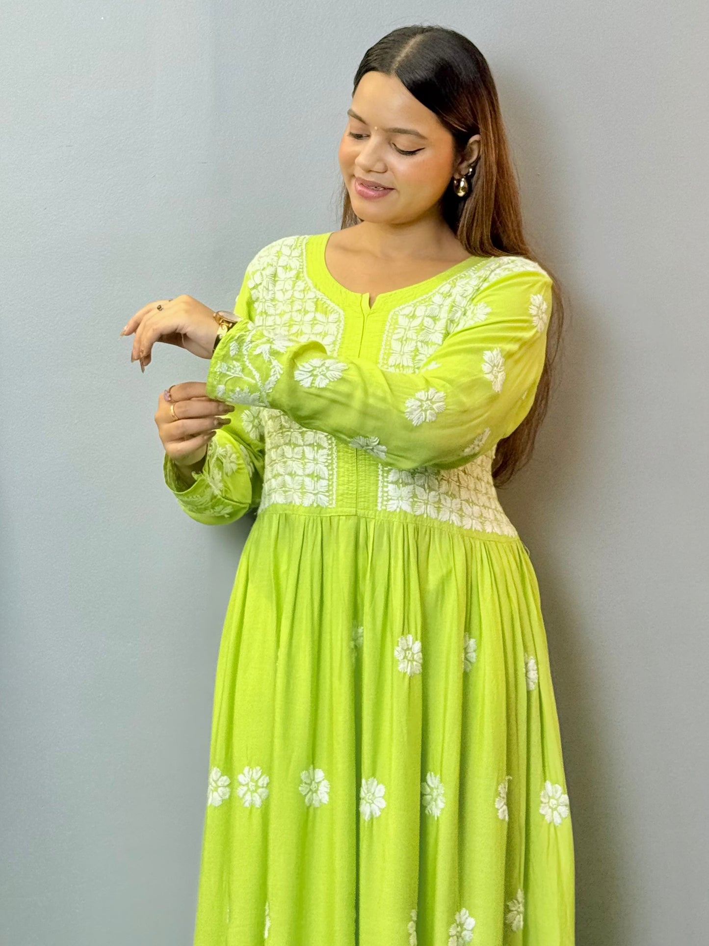 Lime Green Lucknow Chikankari Modal Long Frock with Hand Embroidery – Soft & Flairy