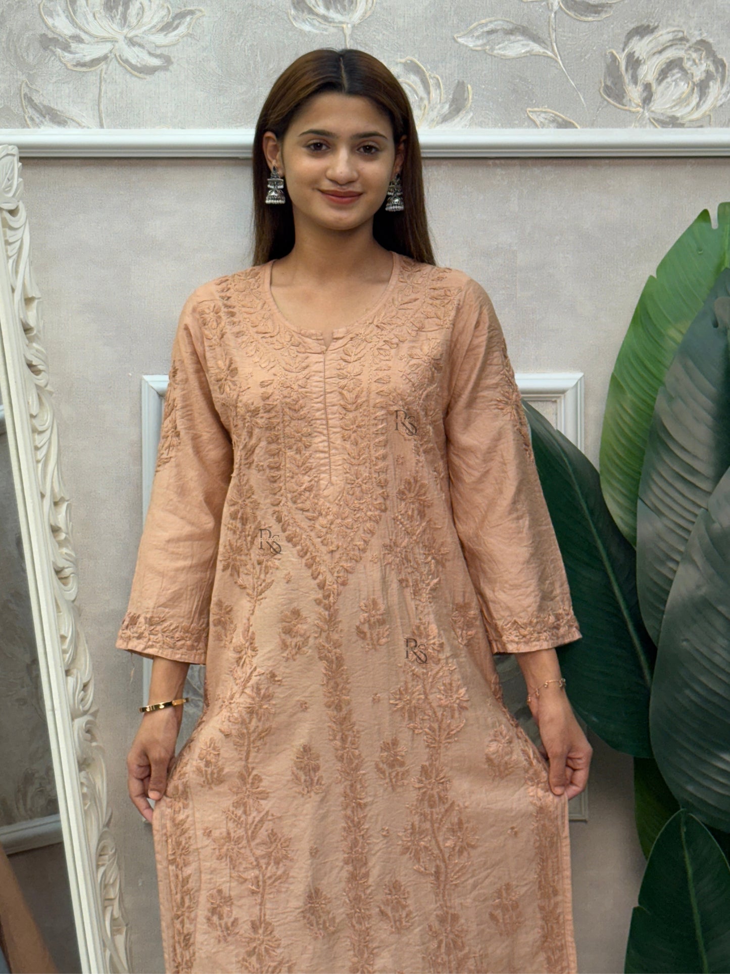 Brown Chanderi Lucknow Chikankari kurta with intricate hand embroidery.