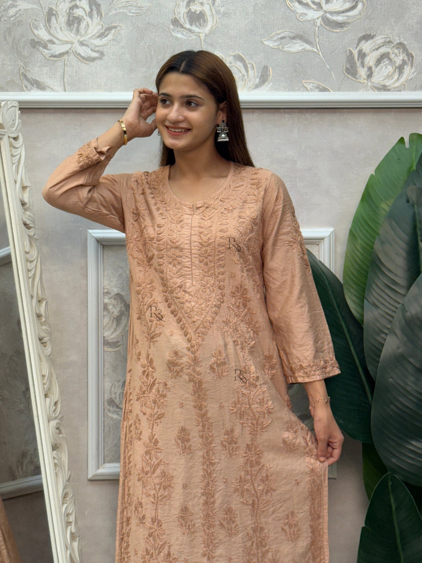 Brown Chanderi Lucknow Chikankari kurta with intricate hand embroidery.
