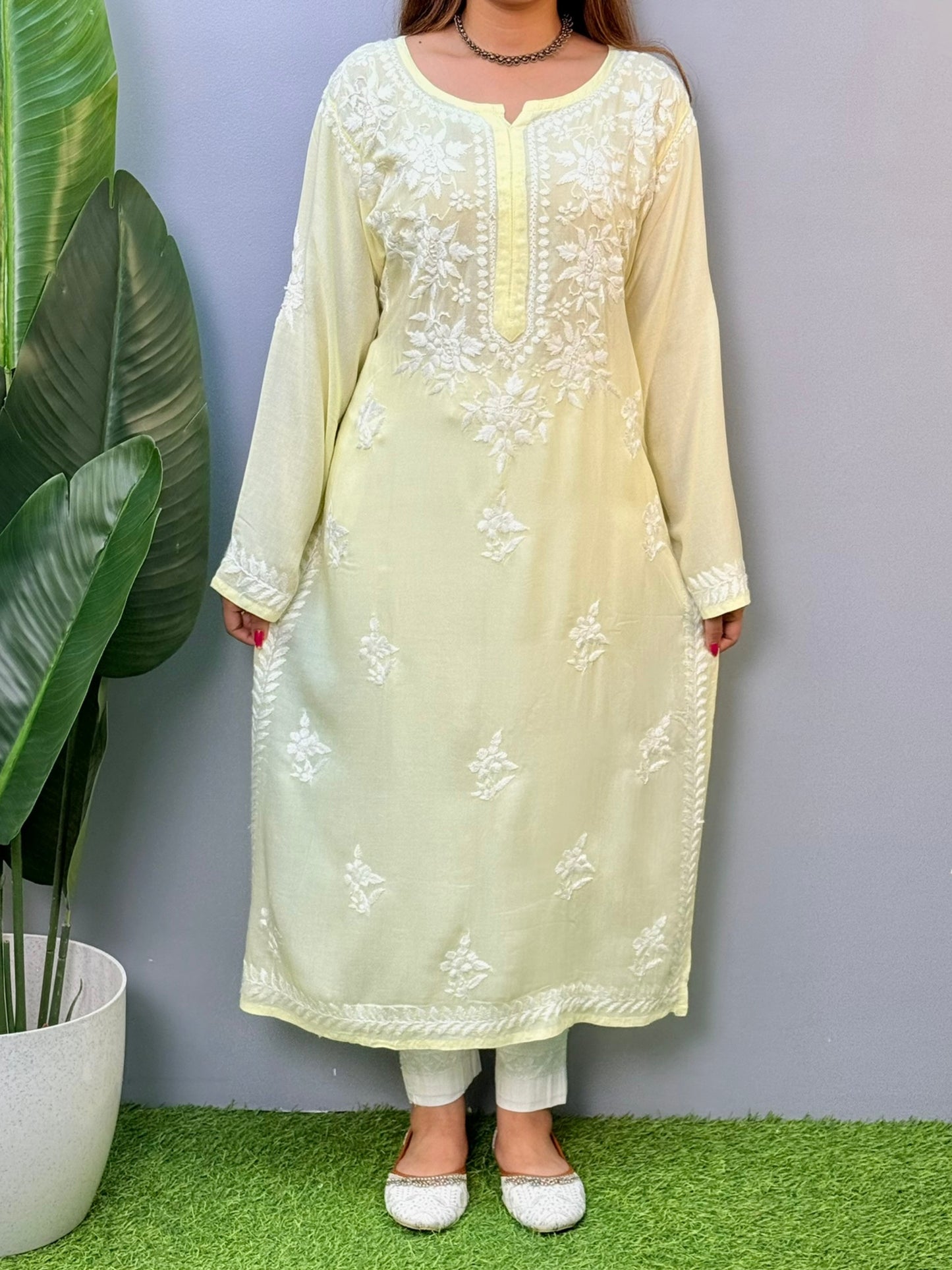 Lemon yellow modal chikankari kurta with white hand embroidery