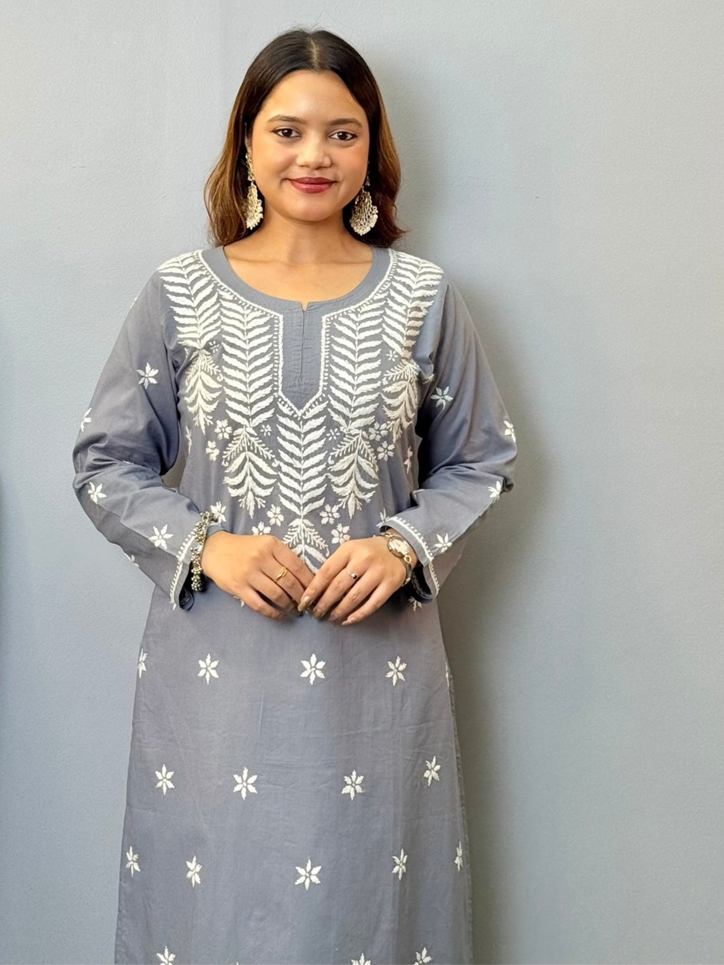 Steel grey cotton chikankari kurta with white hand embroidery
