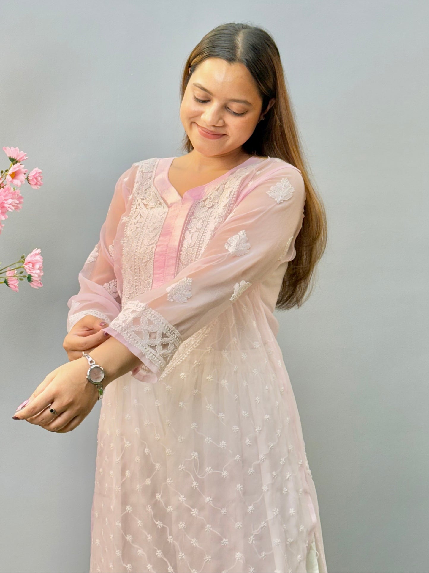 Pastel pink sheer georgette Lucknow Chikankari kurta with floral embroidery