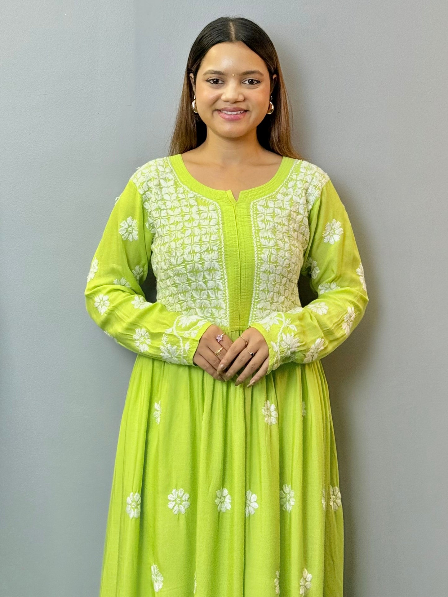 Lime Green Lucknow Chikankari Modal Long Frock with Hand Embroidery – Soft & Flairy