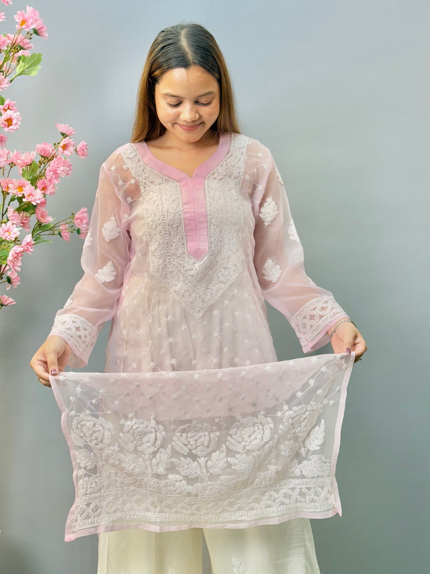 Pastel pink sheer georgette Lucknow Chikankari kurta with floral embroidery