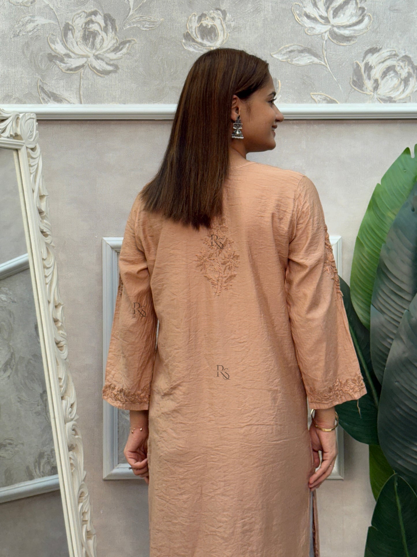 Brown Chanderi Lucknow Chikankari kurta with intricate hand embroidery.