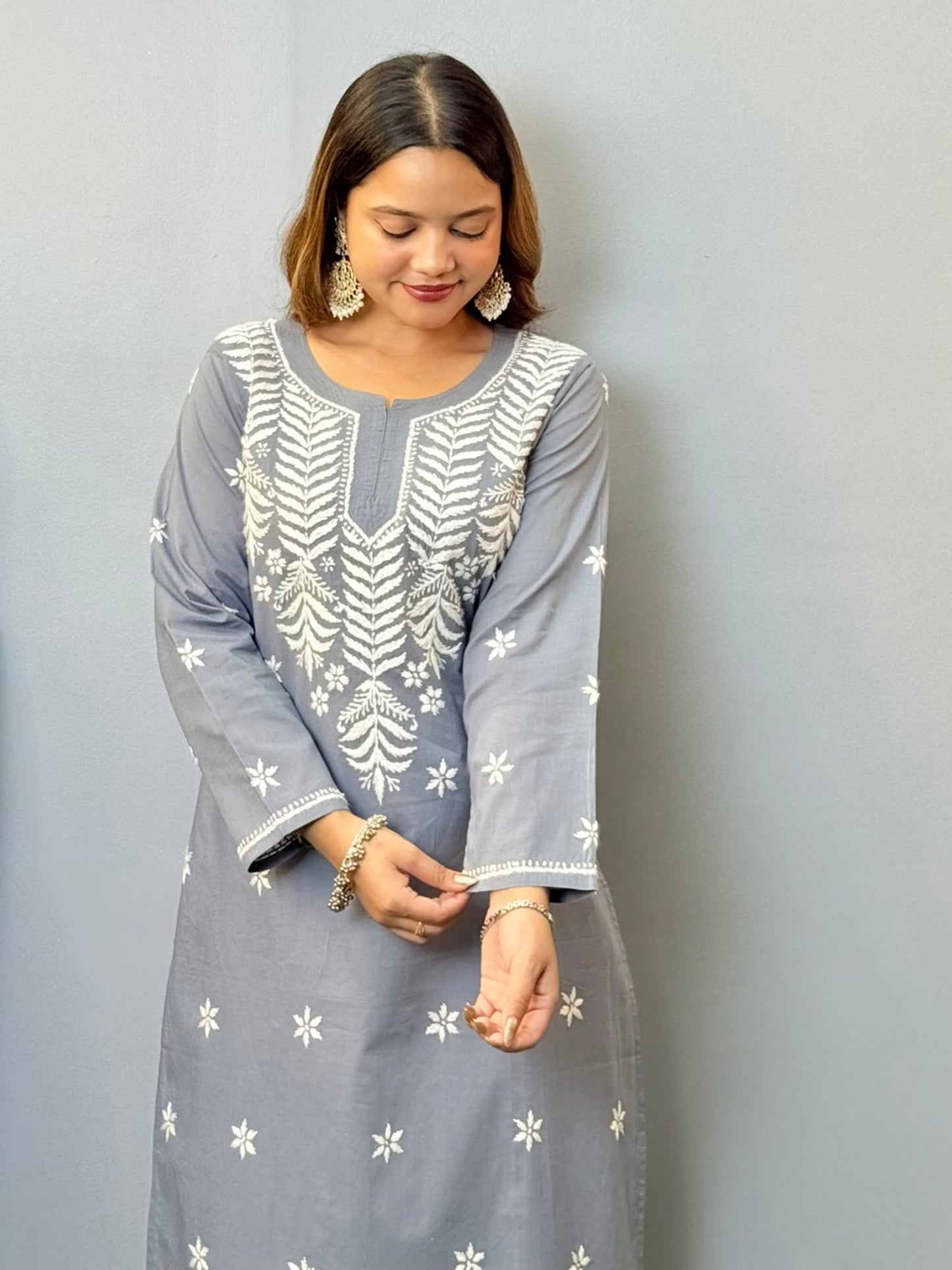 Steel grey cotton chikankari kurta with white hand embroidery