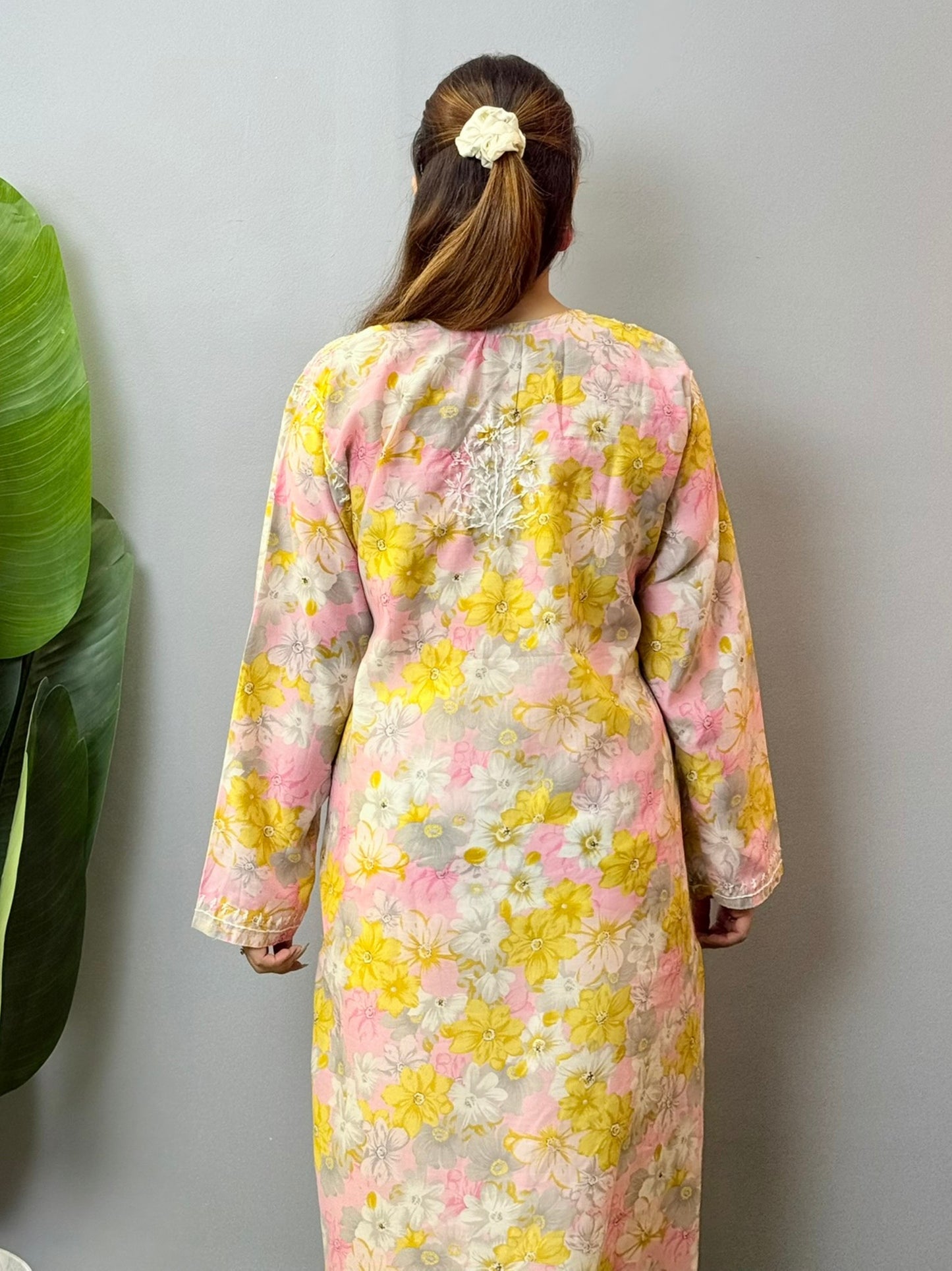 Pastel floral printed crepe Chikankari kurta with hand embroidery – lightweight casual wear