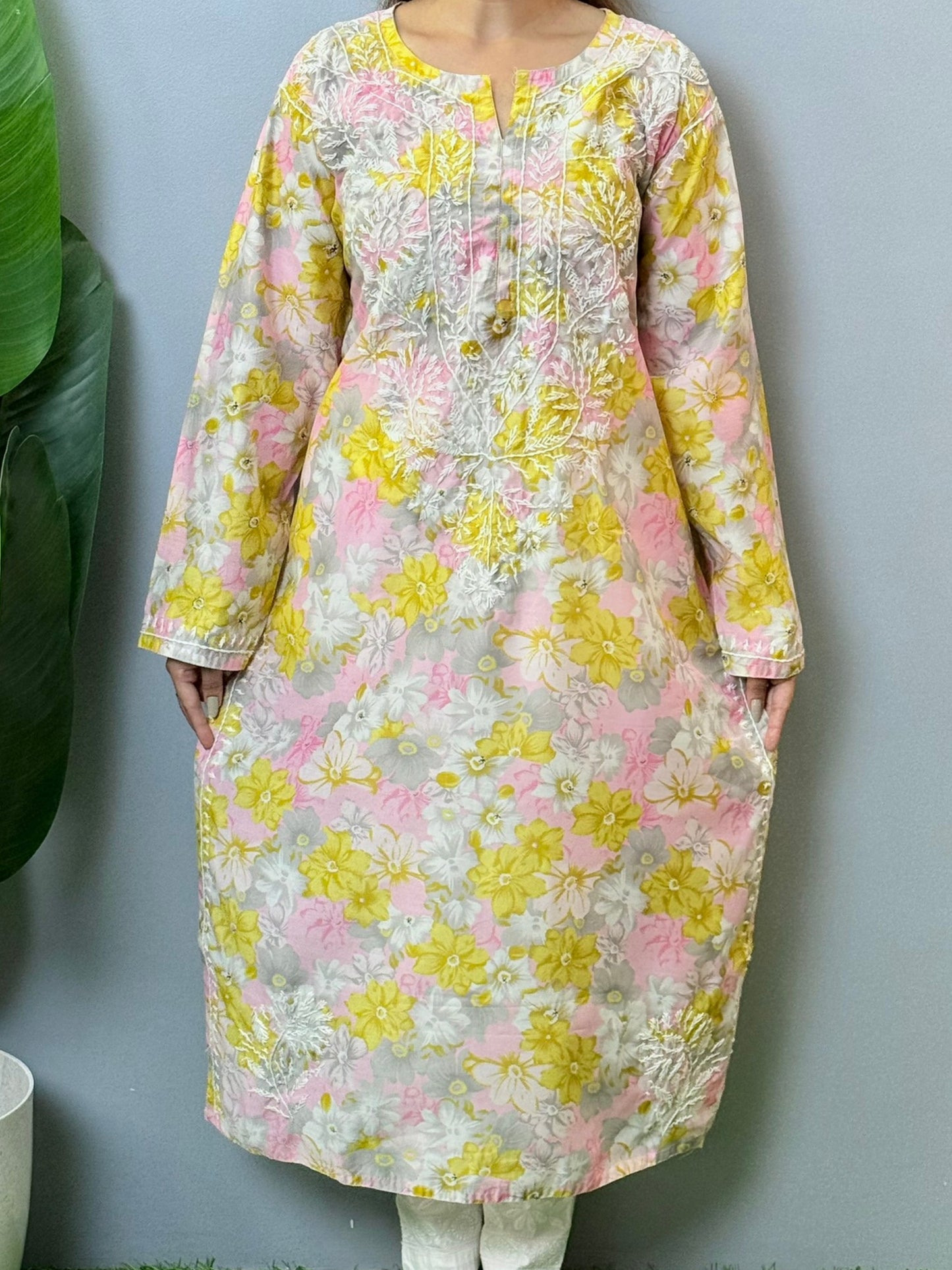 Pastel floral printed crepe Chikankari kurta with hand embroidery – lightweight casual wear