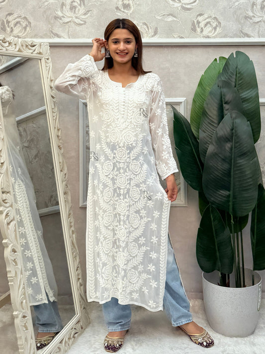 White chikankari viscose kurta with hand embroidery, dyable fabric